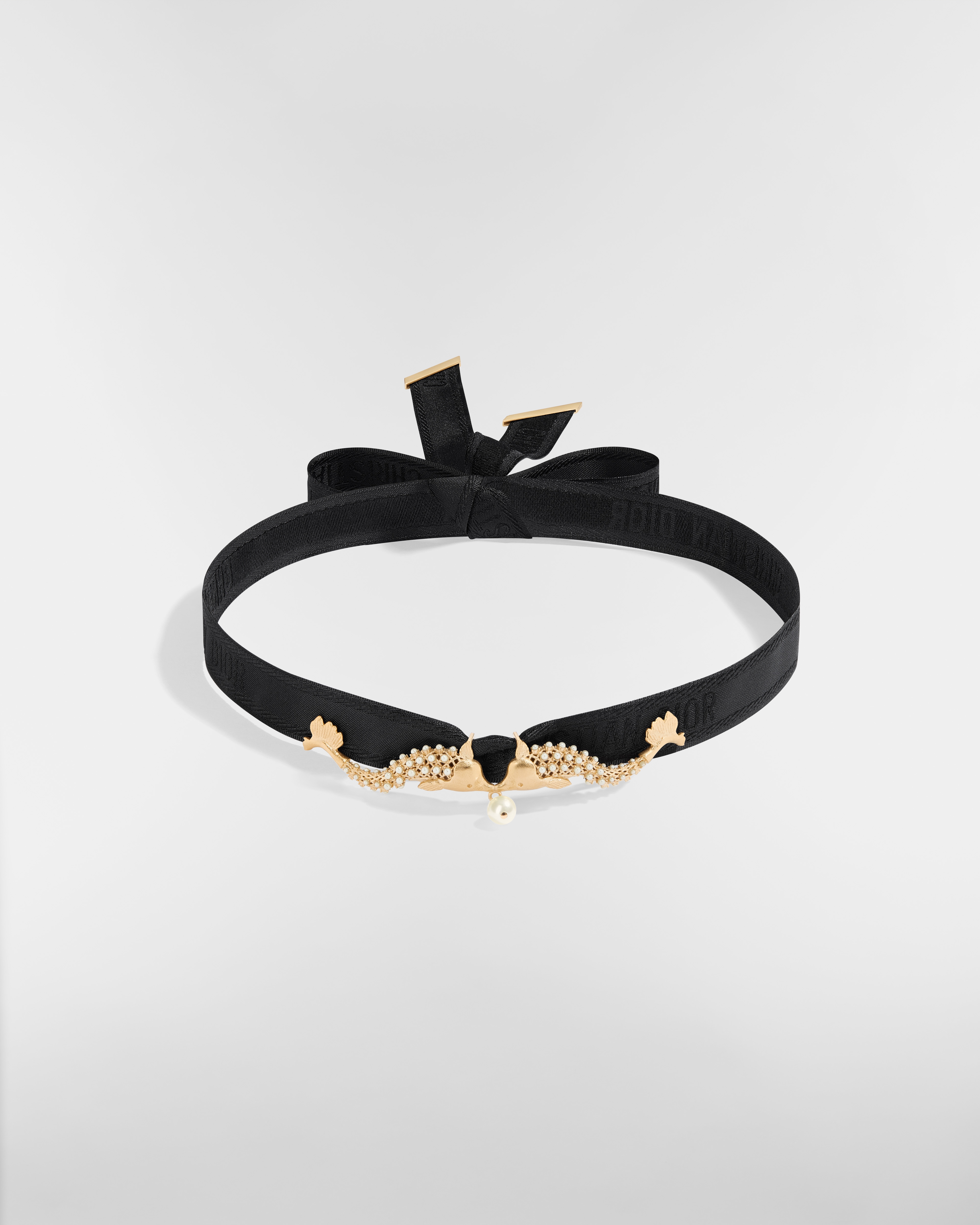 Dior Arabesque Choker Black Grosgrain-Effect Technical Fabric, Gold-Finish Metal and White Resin Pearl E01