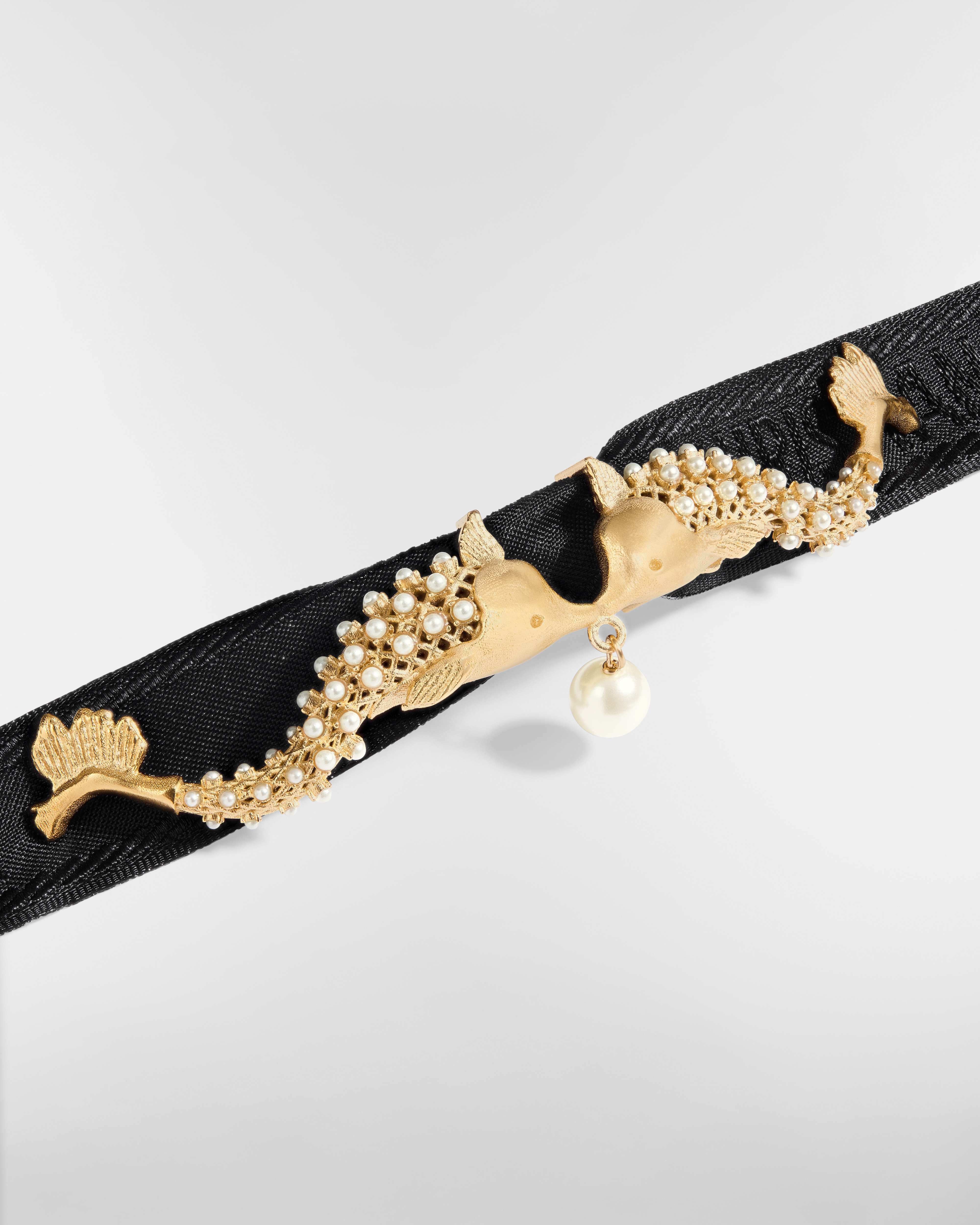 Dior Arabesque Choker Black Grosgrain-Effect Technical Fabric, Gold-Finish Metal and White Resin Pearl E09
