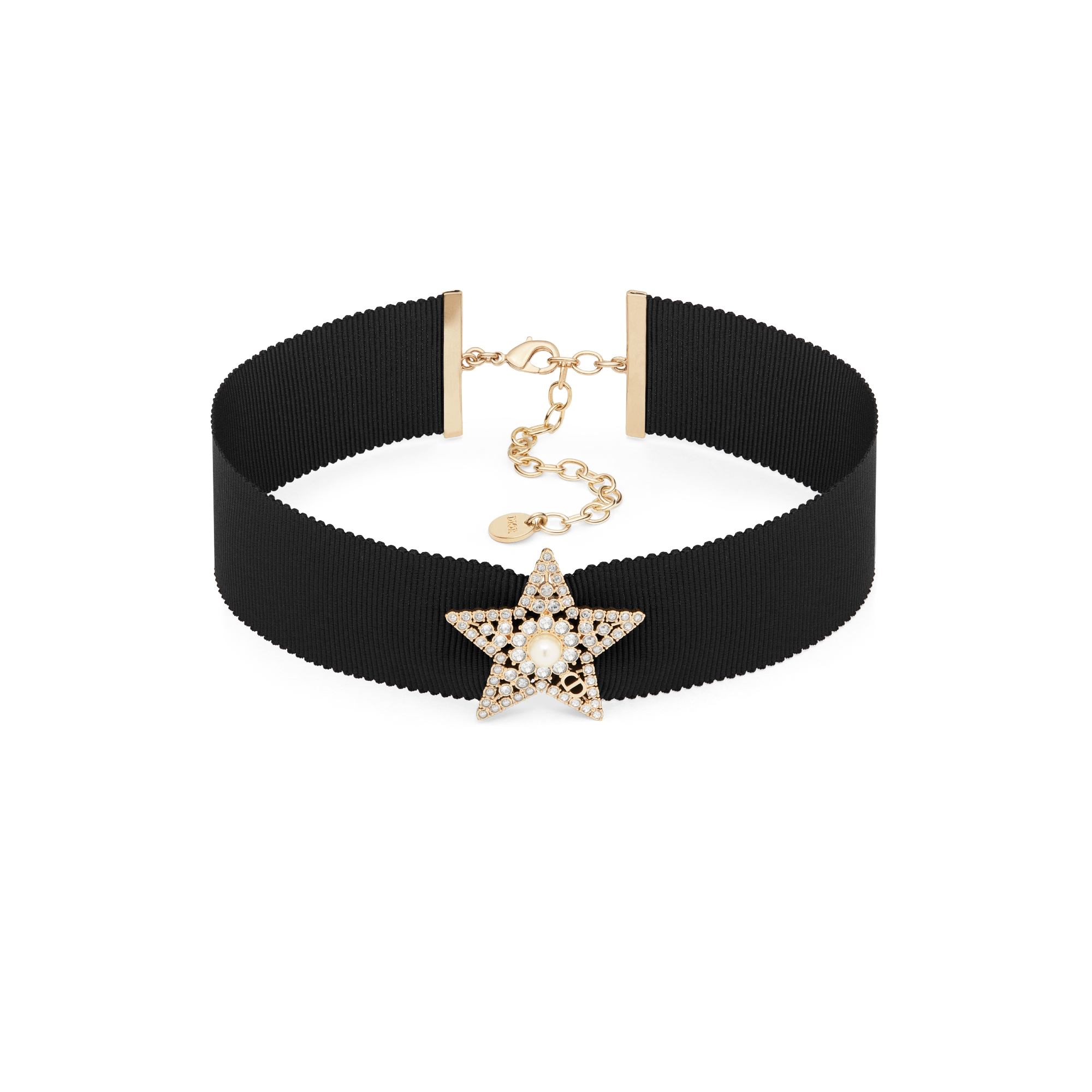 Nuit Étoilée Choker Black Grosgrain-Effect Technical Fabric, Pale Gold-Finish Metal, White Resin Pearl and Silver-Tone Crystals E01