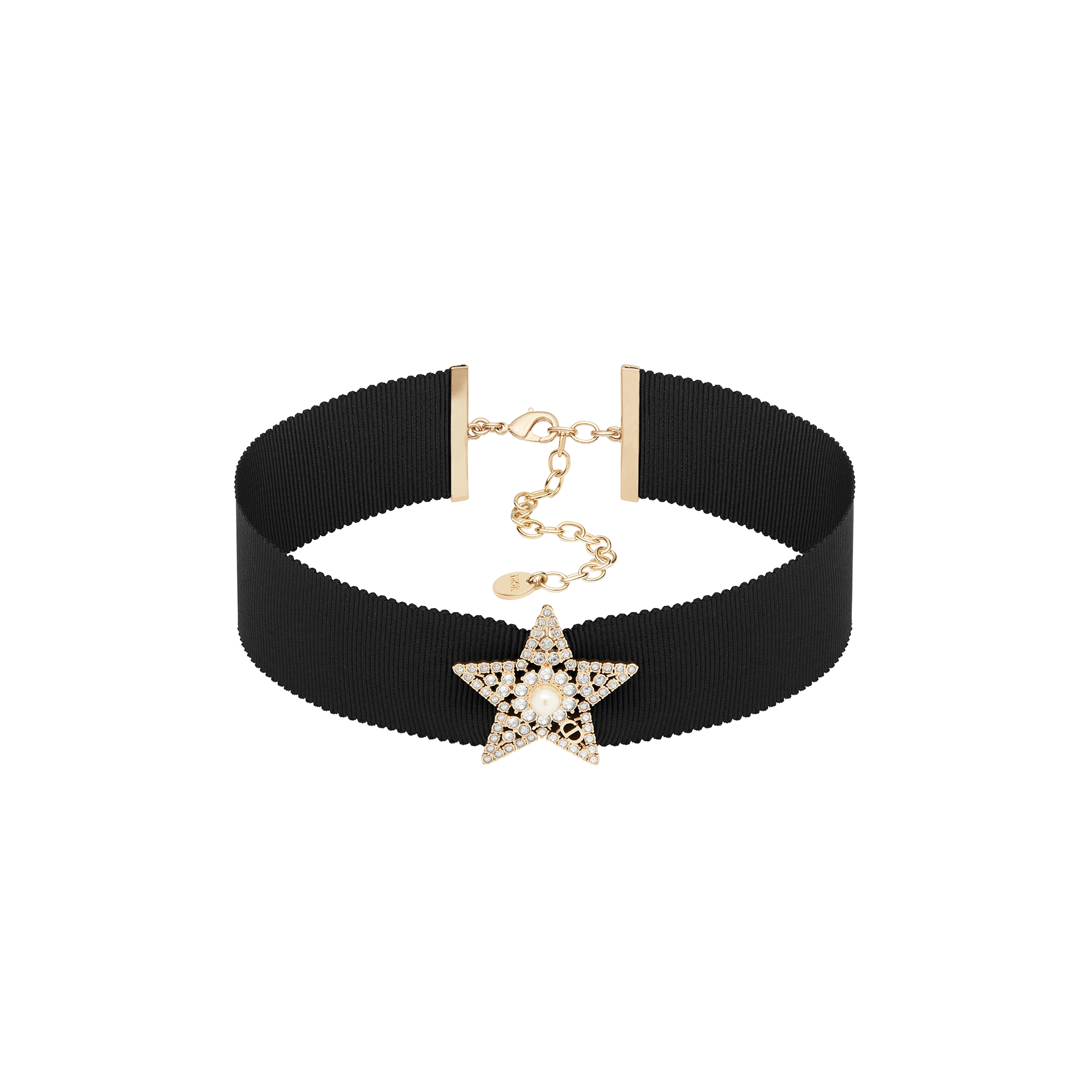 Nuit Étoilée Choker Black Grosgrain-Effect Technical Fabric, Pale Gold-Finish Metal, White Resin Pearl and Silver-Tone Crystals E01
