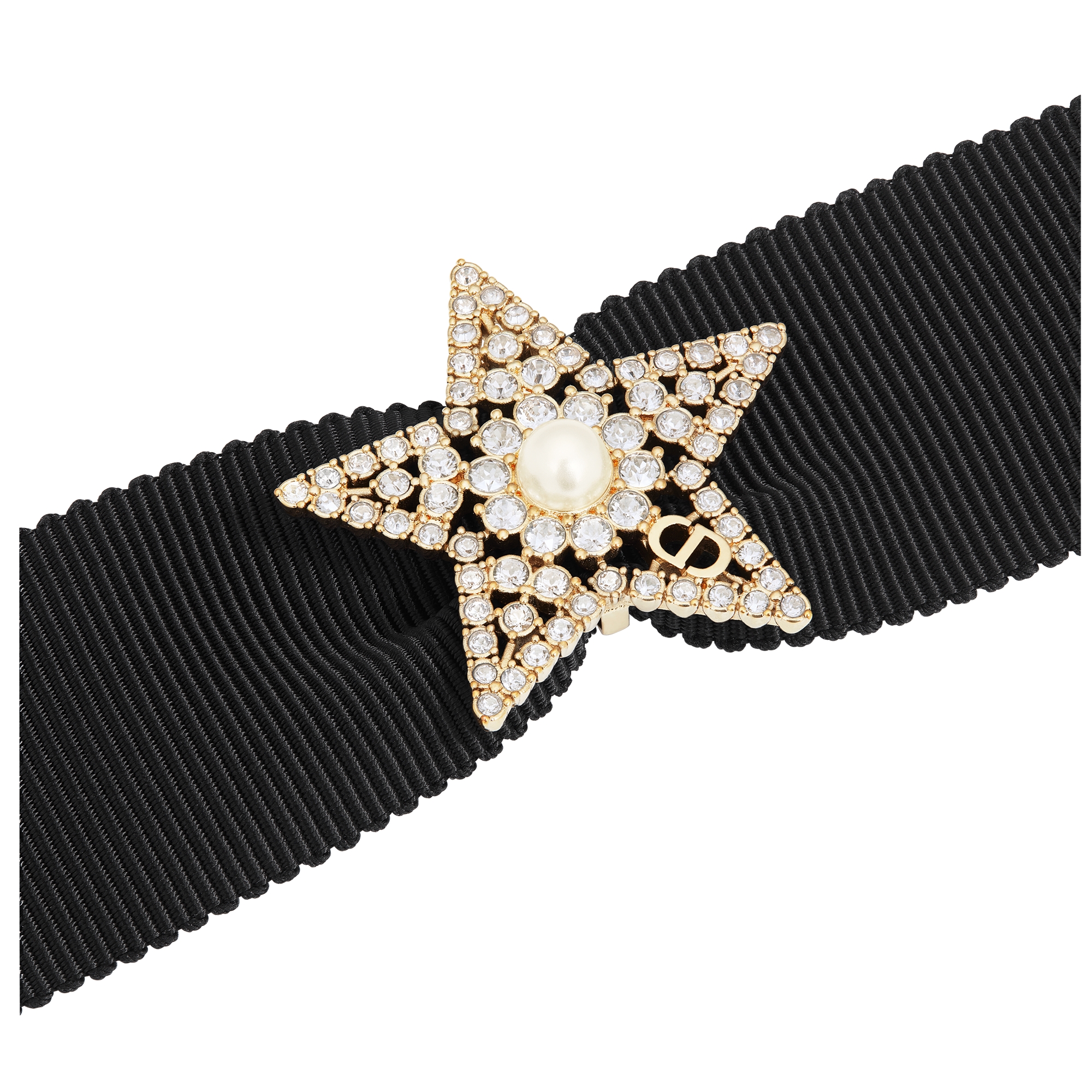 Nuit Étoilée Choker Black Grosgrain-Effect Technical Fabric, Pale Gold-Finish Metal, White Resin Pearl and Silver-Tone Crystals E09