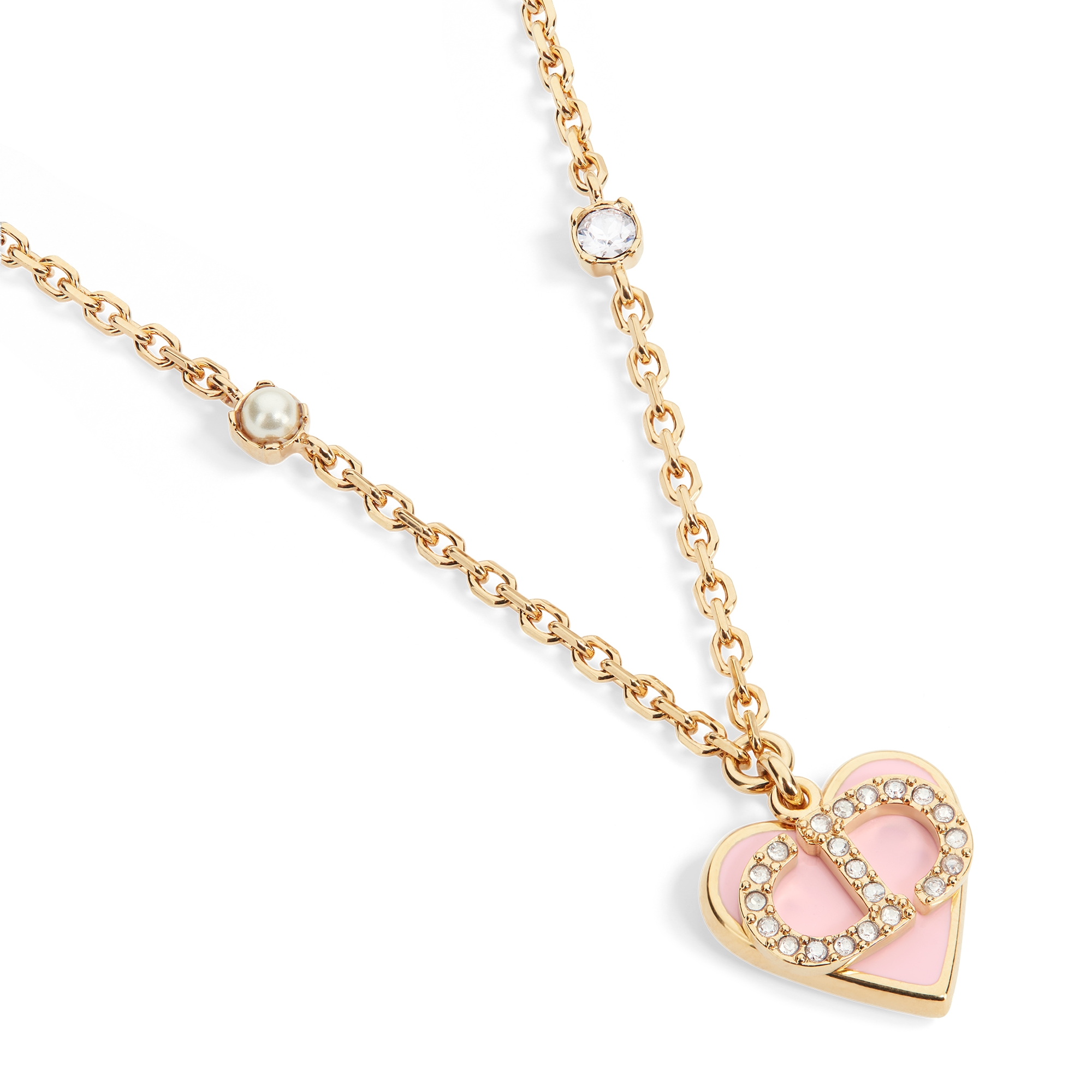 Dioramour Necklace Gold-Finish Metal, White Resin Pearl, Silver-Tone Crystals and Macaron Pink Lacquer E09