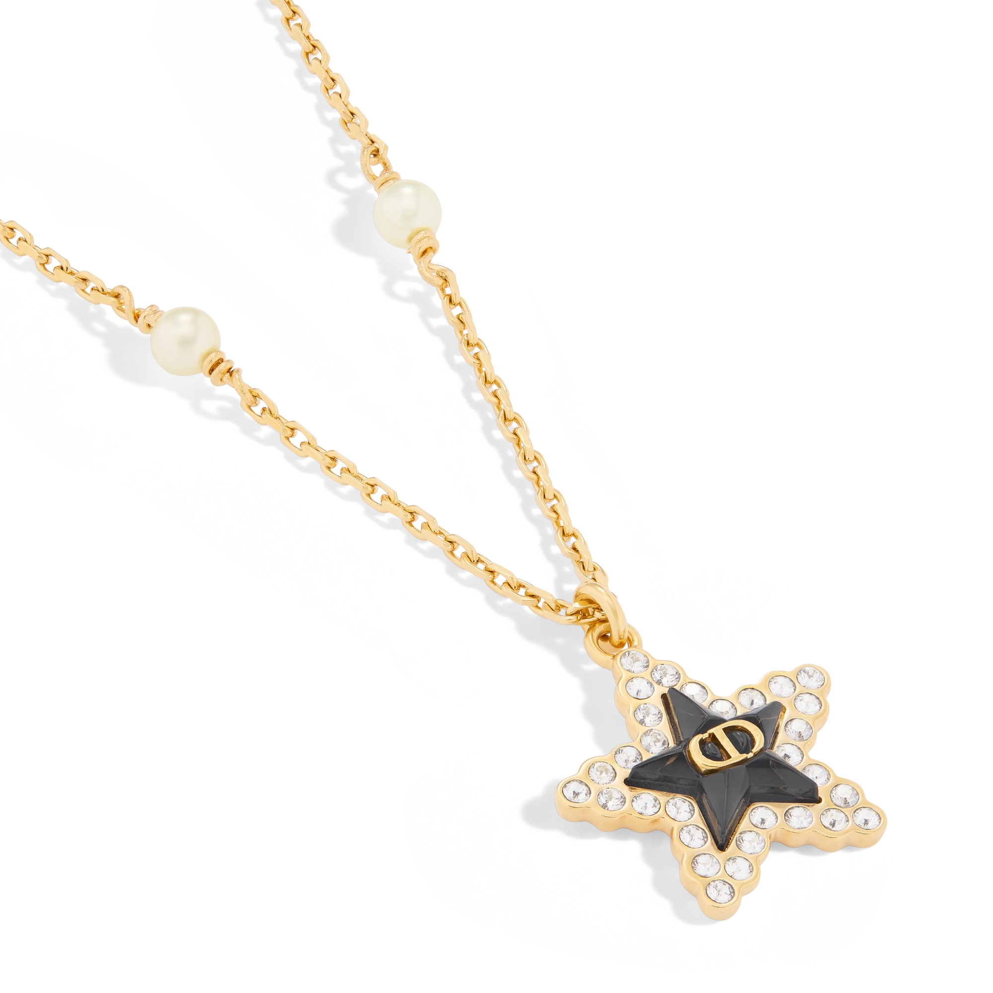 Petit CD Lucky Baroque Halskette Metall mit Gold-Finish, Kunstharzperlen in Weiß, Kristalle in Silberfarbe und Glas in sattem Ozeanblau E09