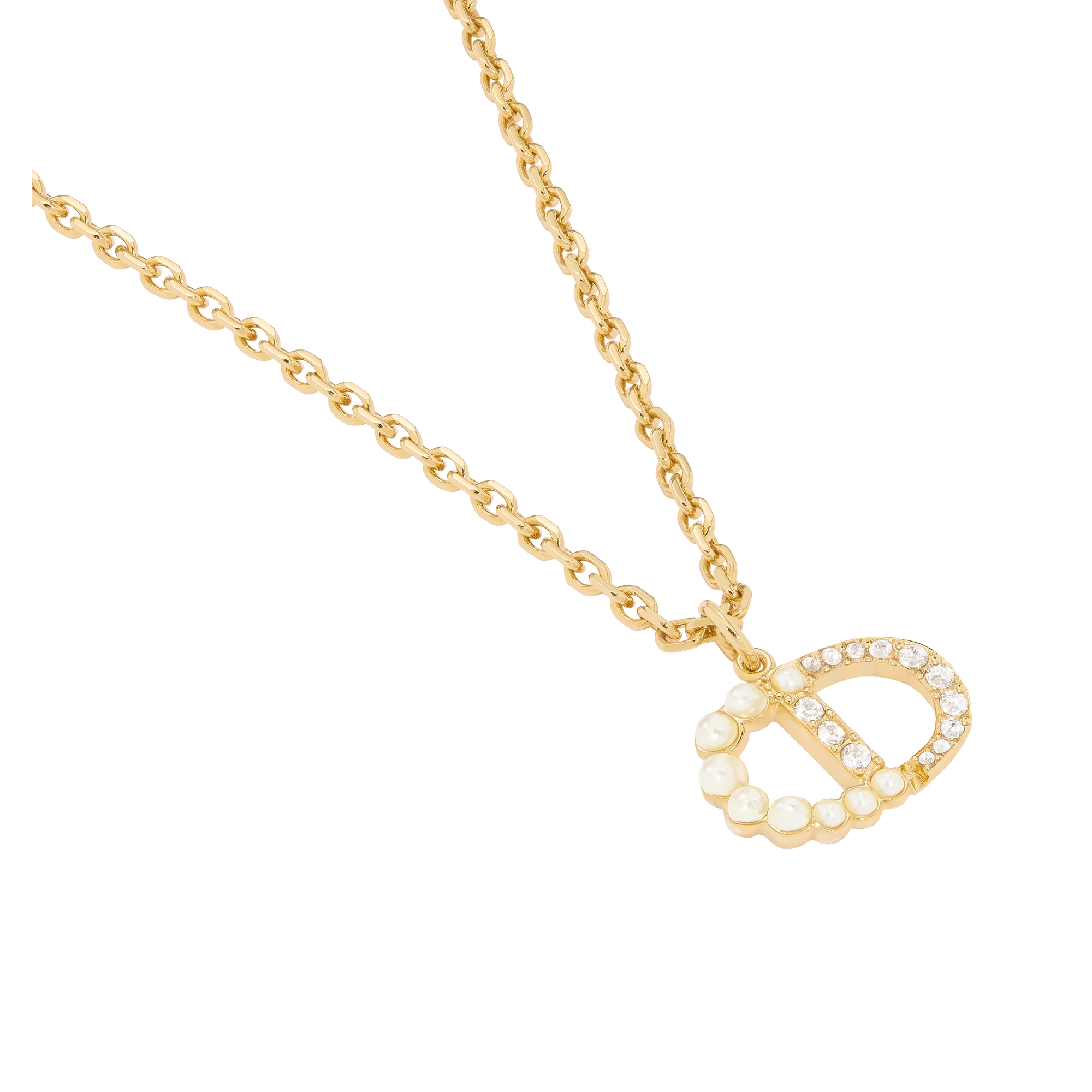 Petit CD Duo Necklace Gold-Finish Metal, White Resin Pearls and Sparkling Crystals E09