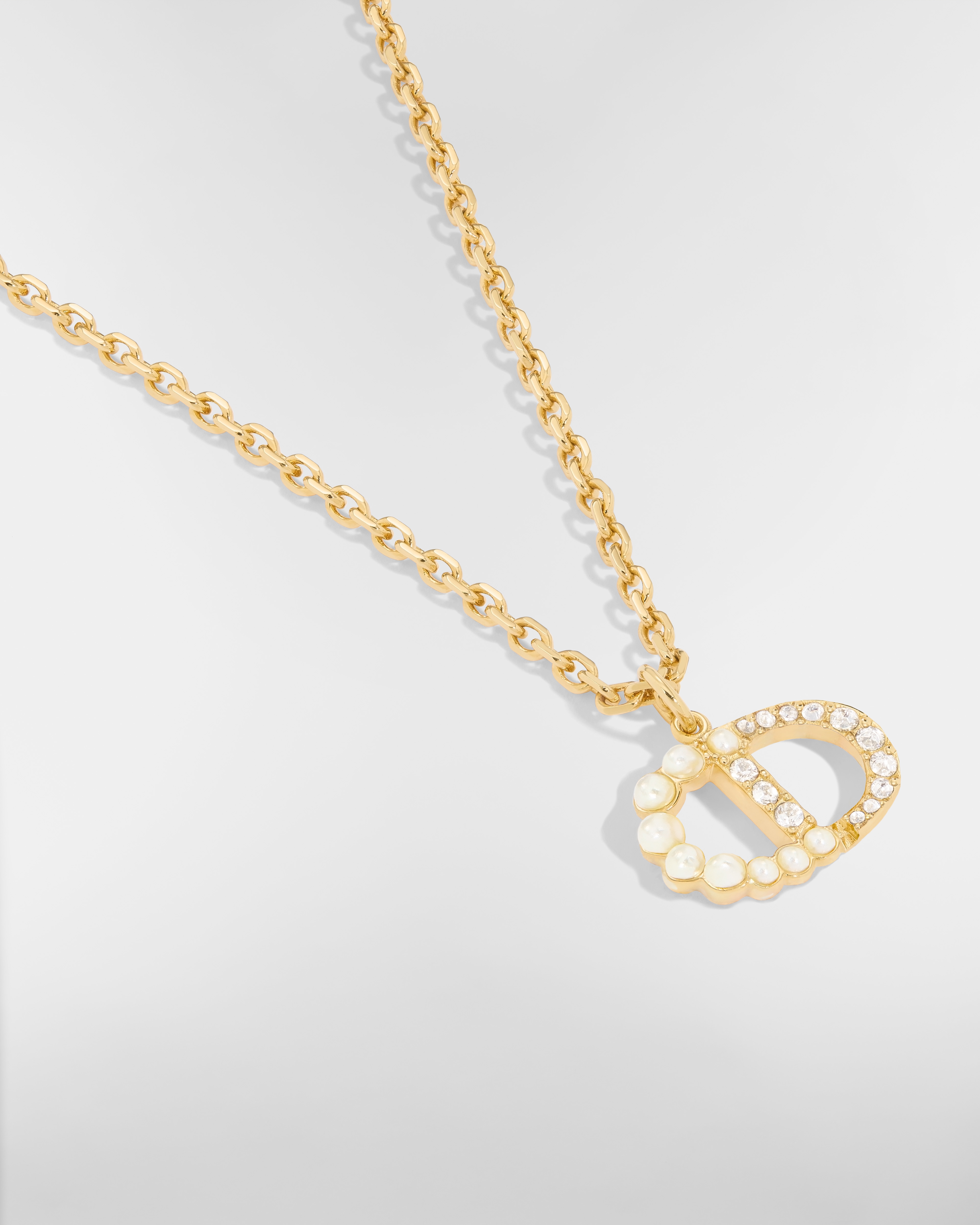 Petit CD Duo Necklace Gold-Finish Metal, White Resin Pearls and Sparkling Crystals E09