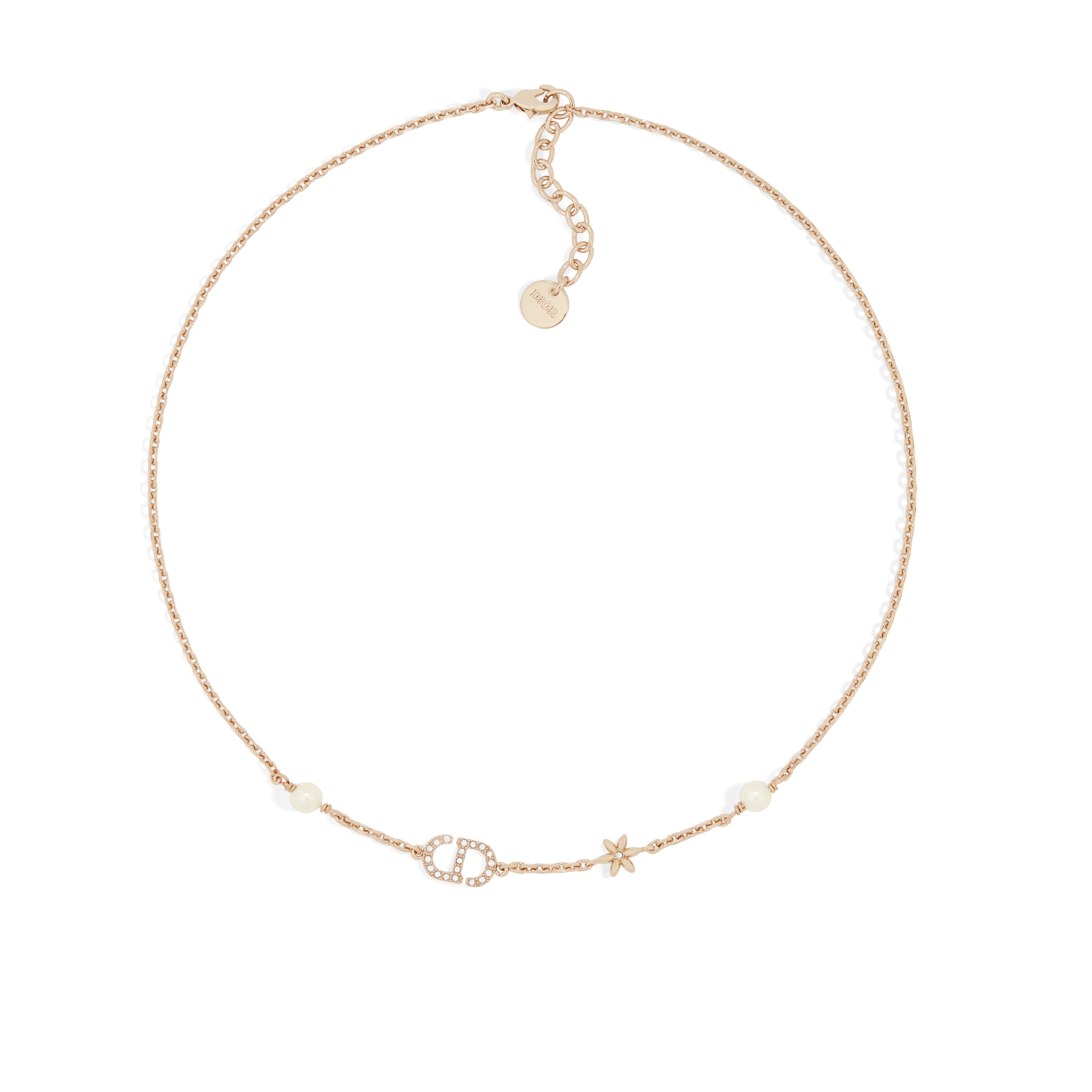 Petit CD Daisy Necklace Pale Gold-Finish Metal, White Resin Pearls and Silver-Tone Crystals E01