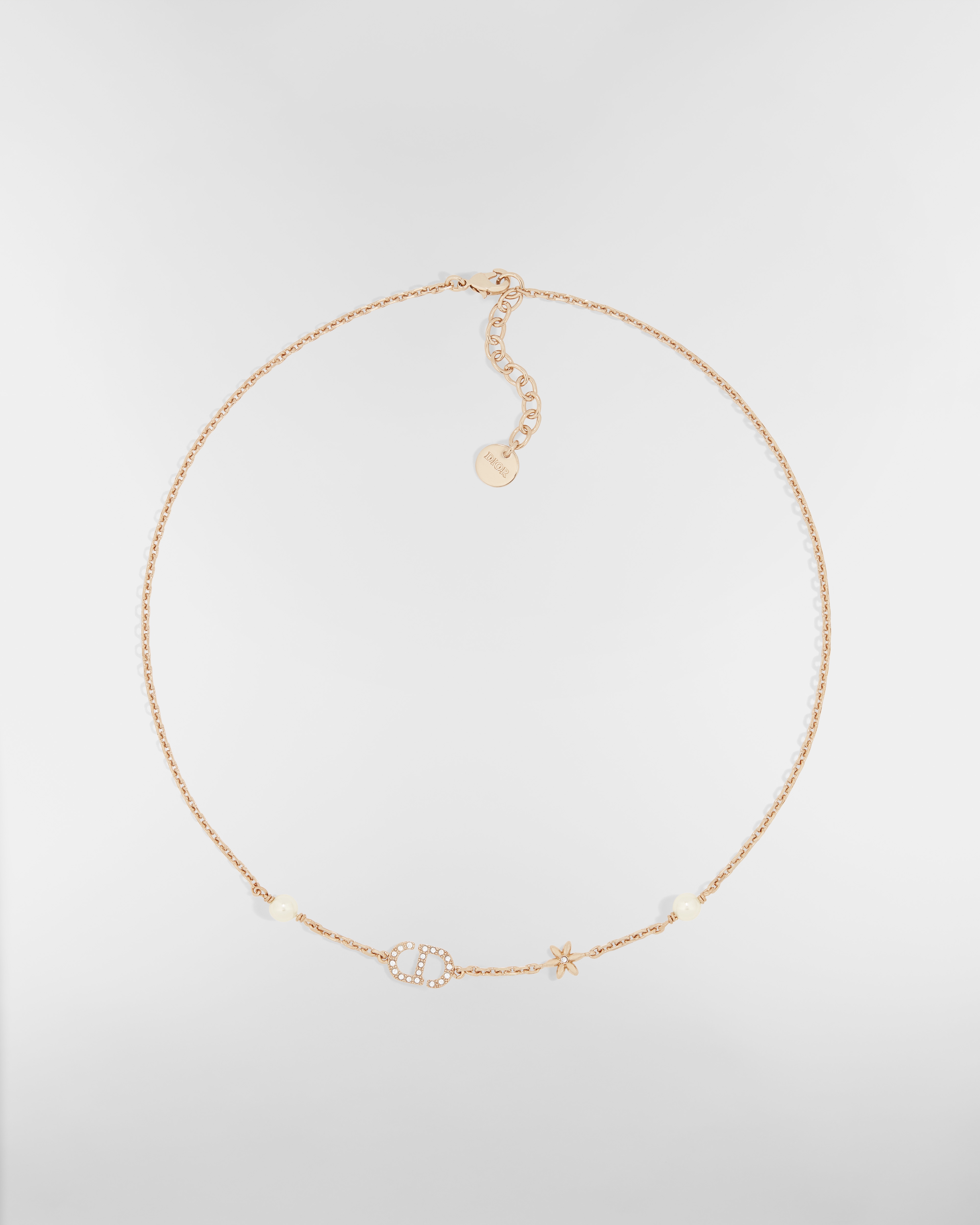 Petit CD Daisy Necklace Pale Gold-Finish Metal, White Resin Pearls and Silver-Tone Crystals E01