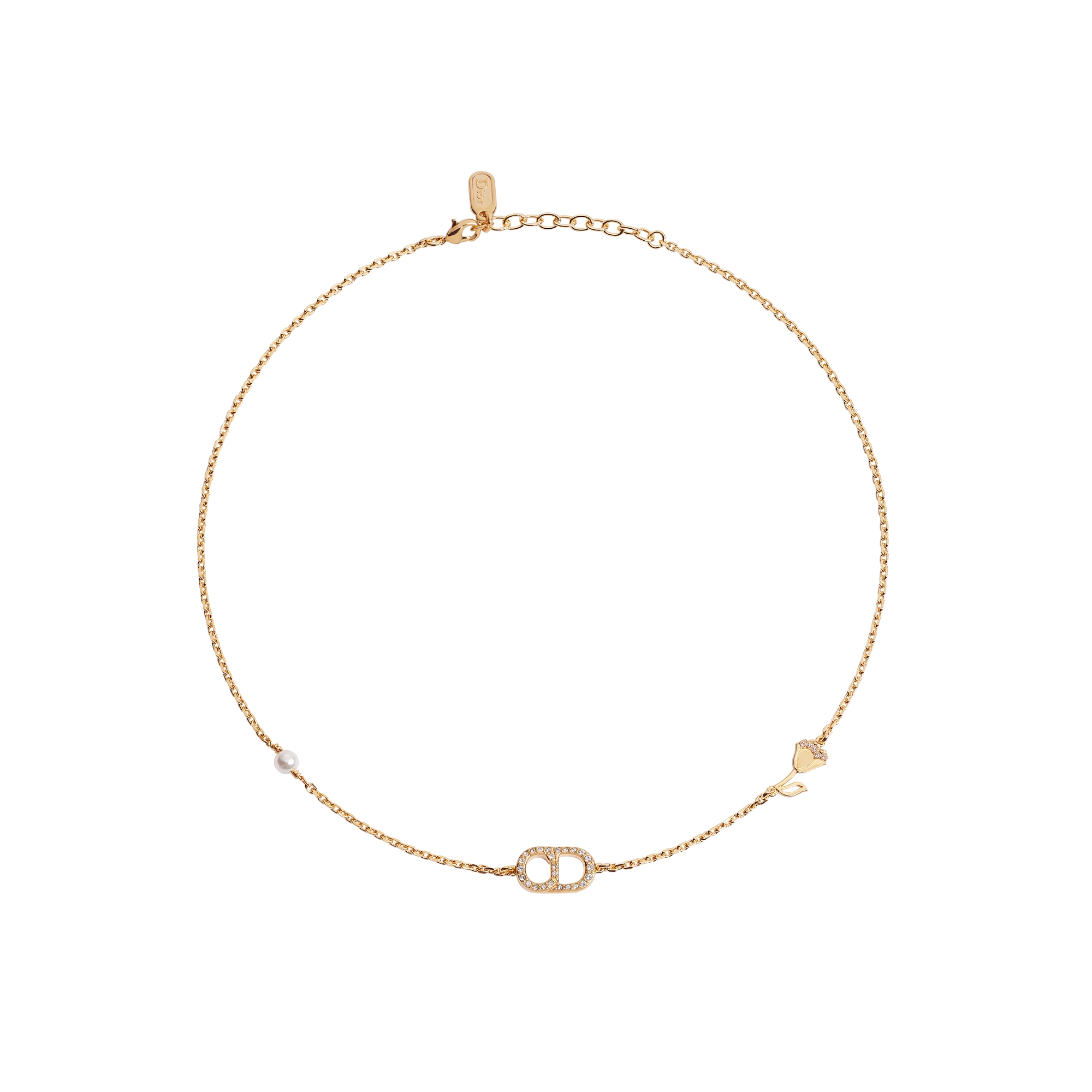 CD Lily Necklace Gold-Finish Metal, White Resin Pearl and Crystals E01