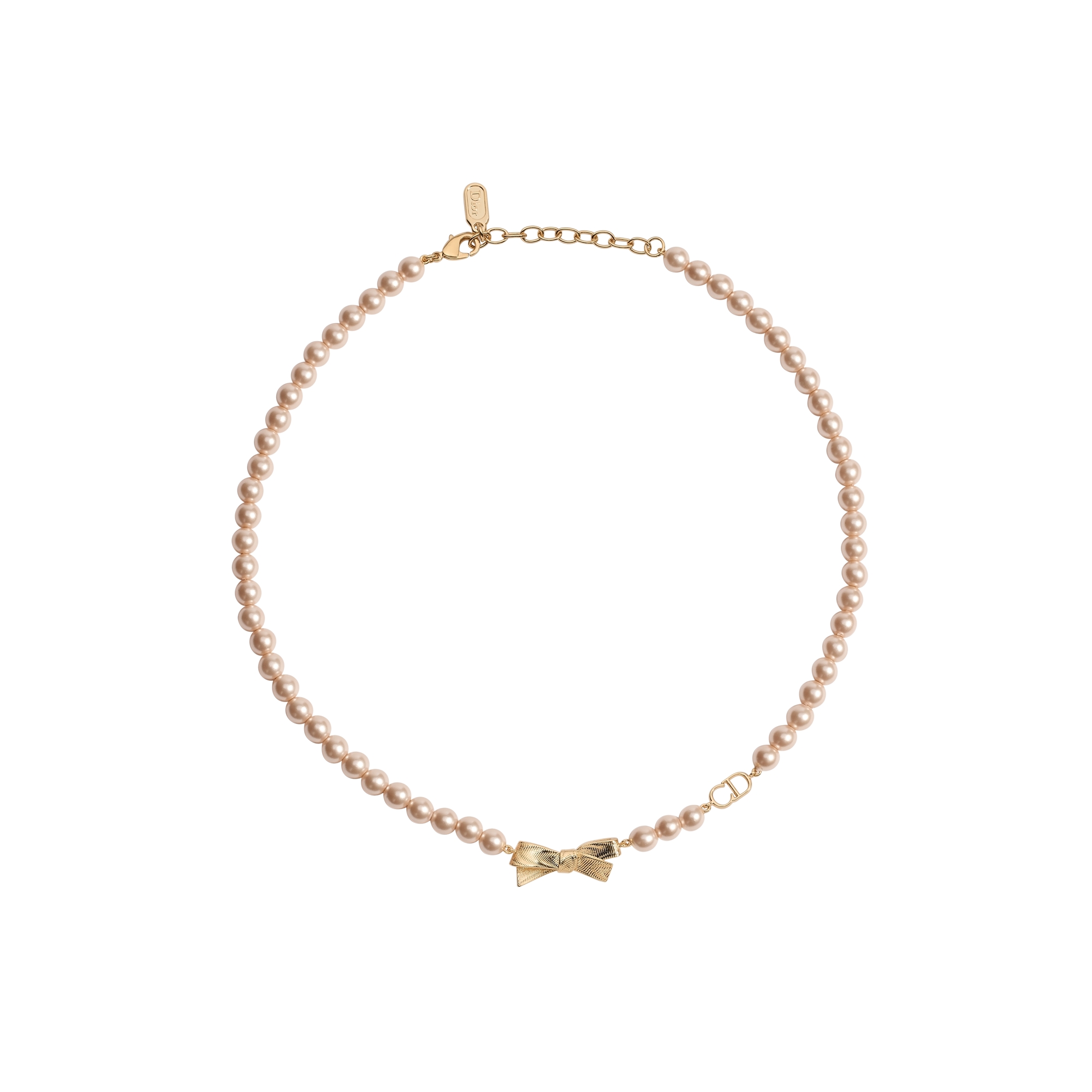 CD Bow Necklace Gold-Finish Metal and Iridescent Pink Resin Pearls E01
