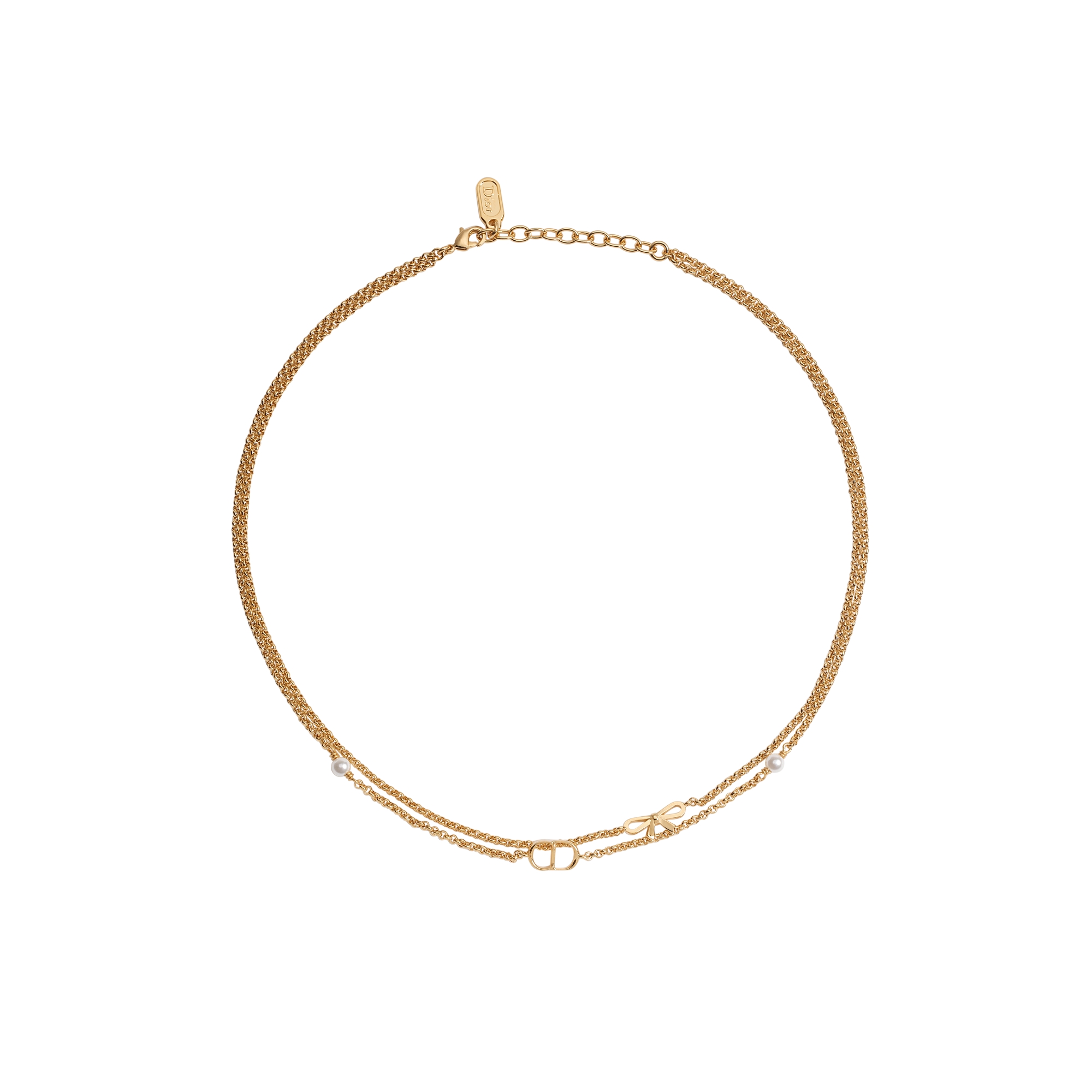 CD Mini Bow Necklace Gold-Finish Metal and White Resin Pearls E01