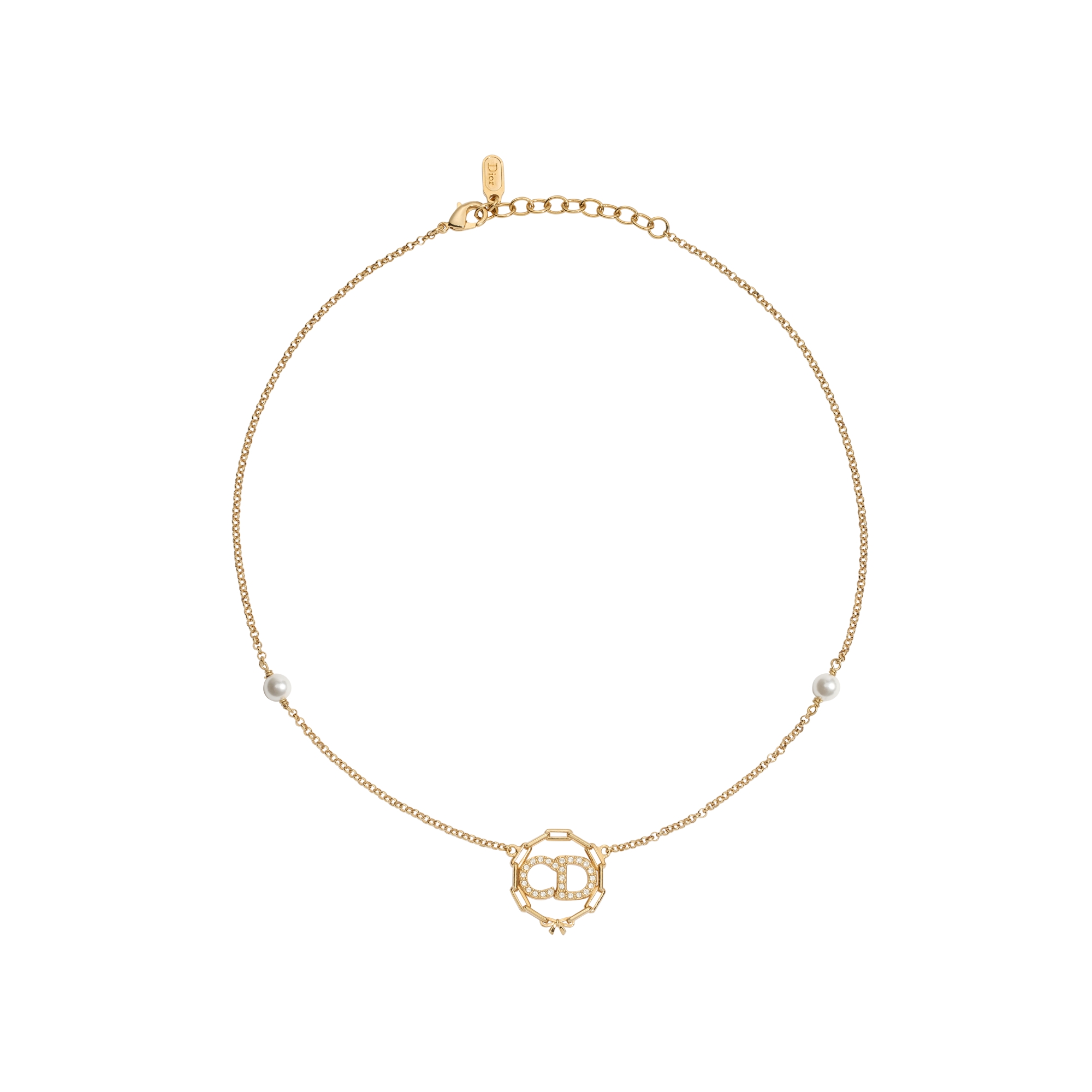 CD Circle Chain Necklace Gold-Finish Metal, White Resin Pearls and Crystals E01
