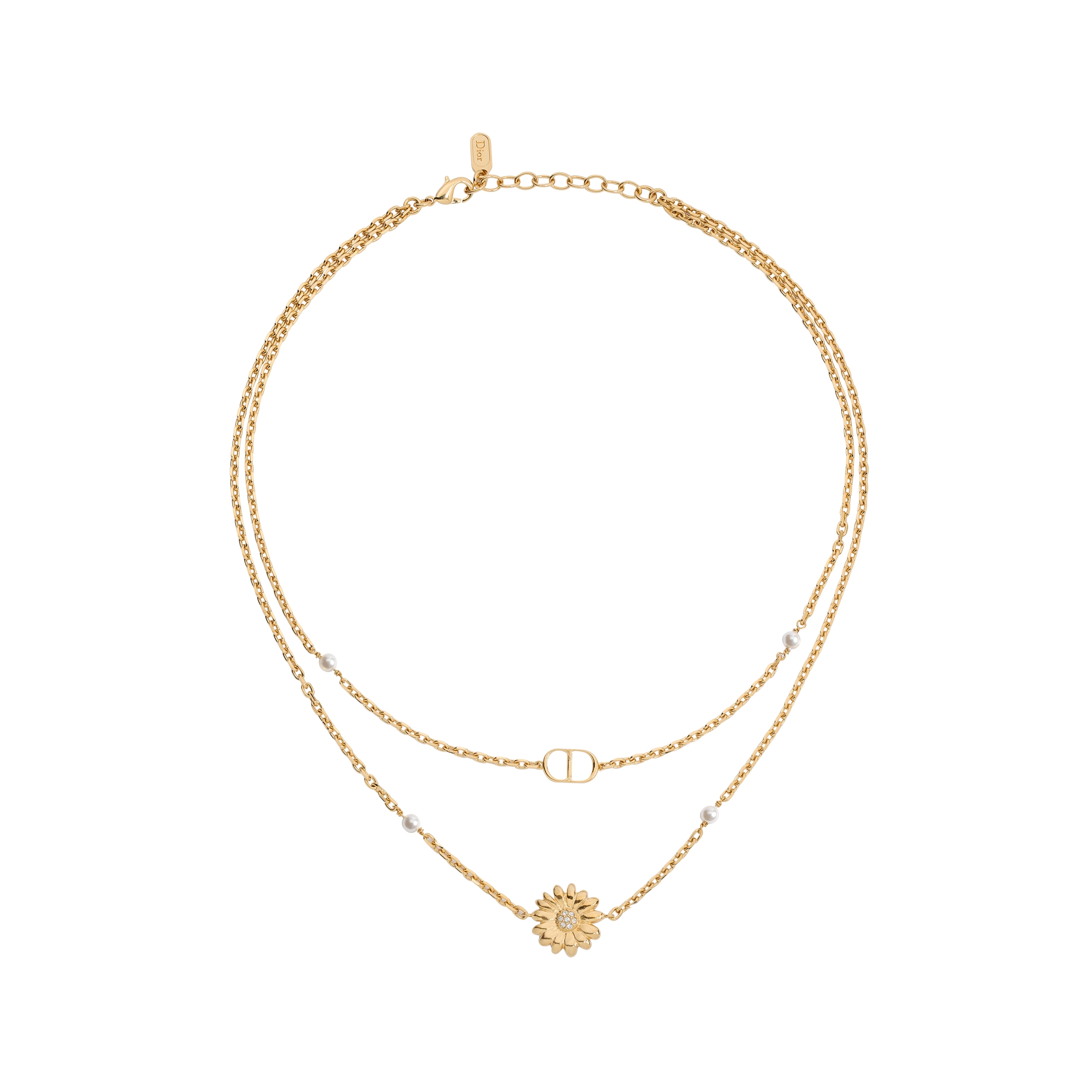CD Multi Flowers Necklace Gold-Finish Metal, White Resin Pearls and Crystals E01