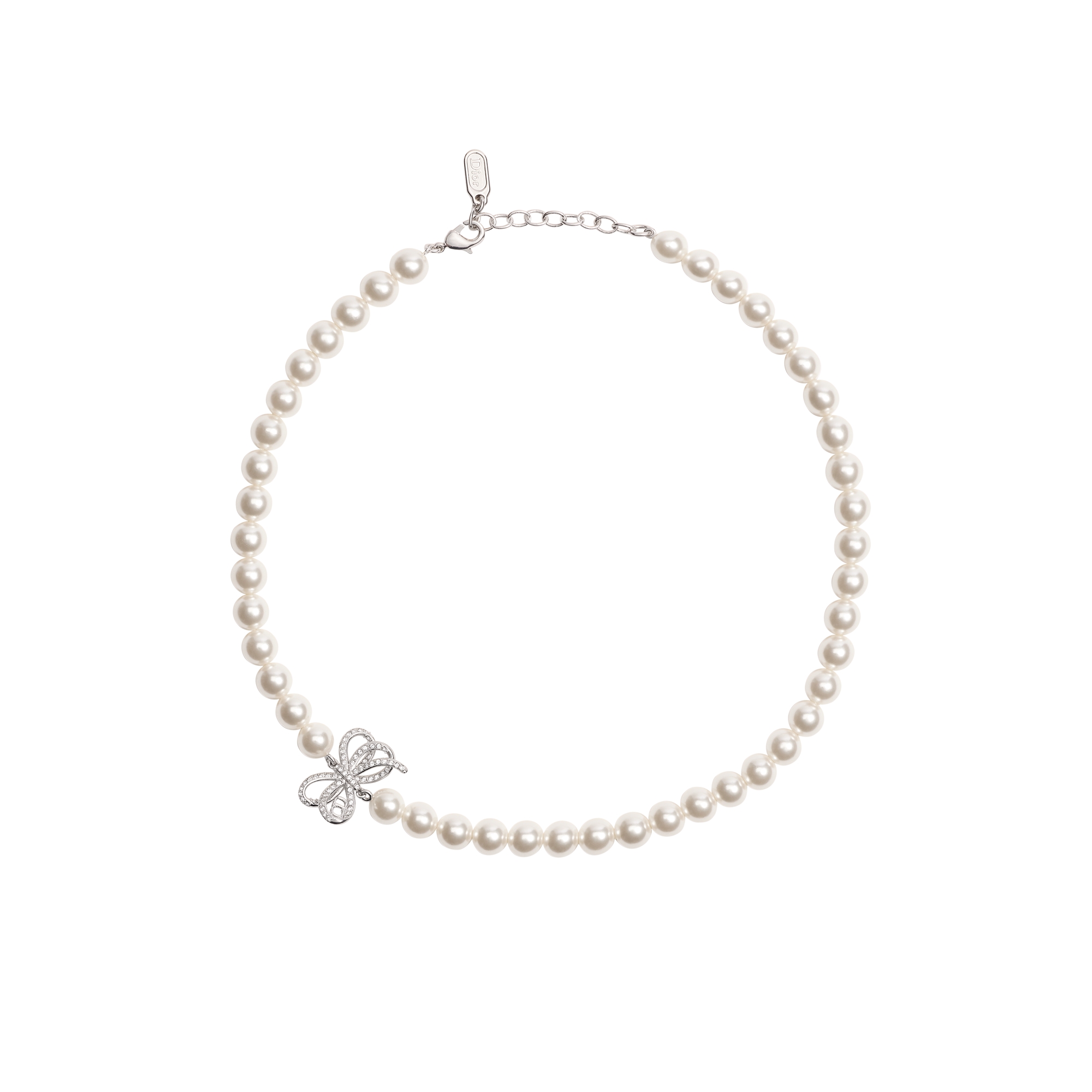 Dior Infinity Bow Necklace Silver-Finish Metal, White Resin Pearls and Crystals E01