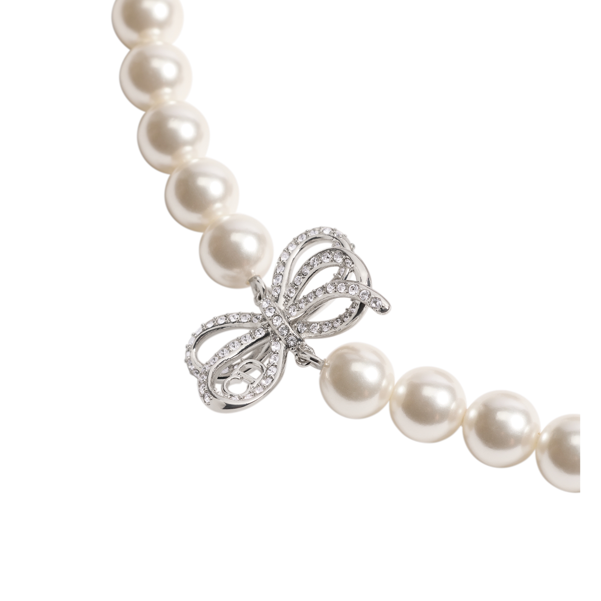 Dior Infinity Bow Necklace Silver-Finish Metal, White Resin Pearls and Crystals E09