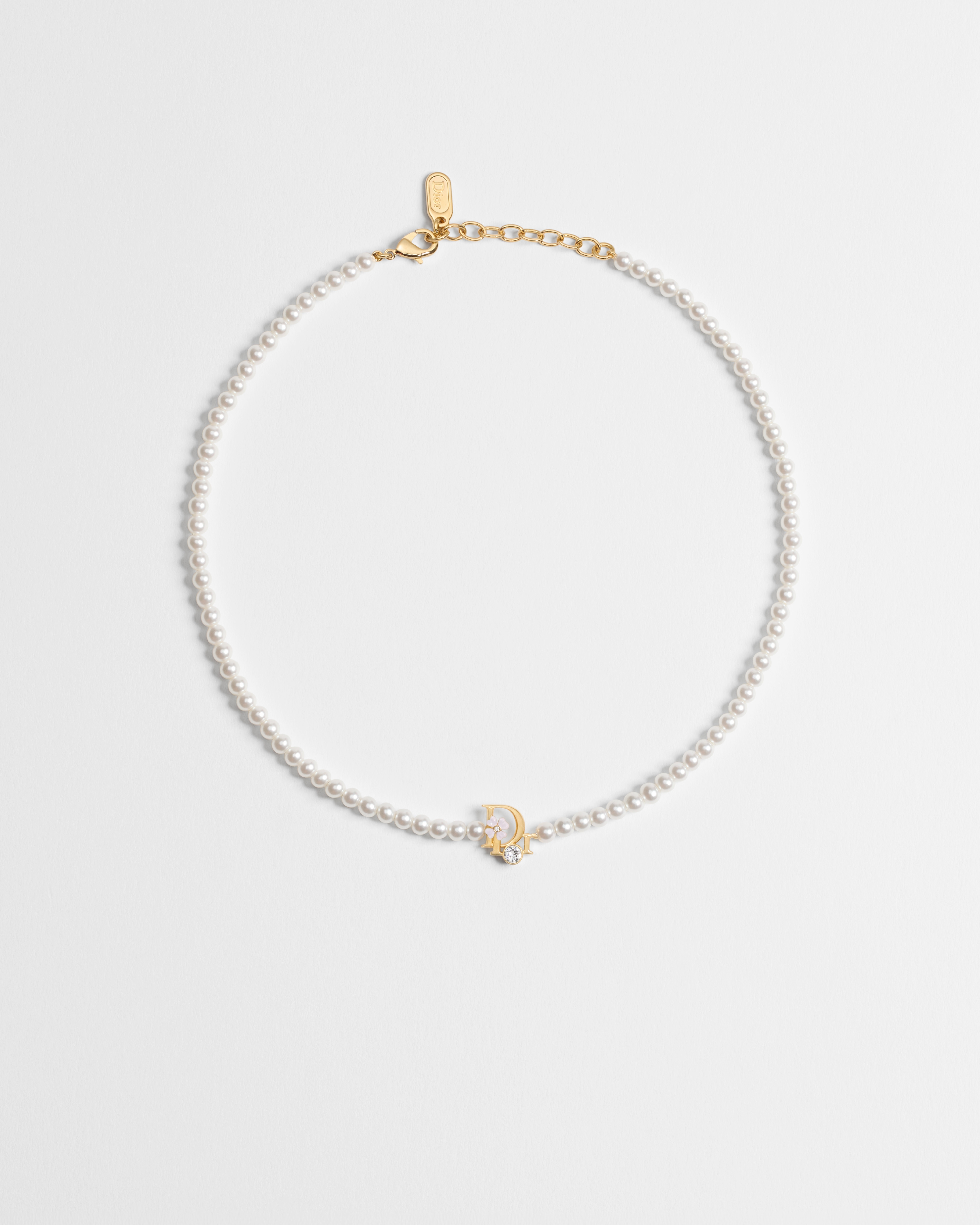 Collier Dior Precious Clover Métal finition dorée, perles en résine blanche, cristaux et laque rose E01