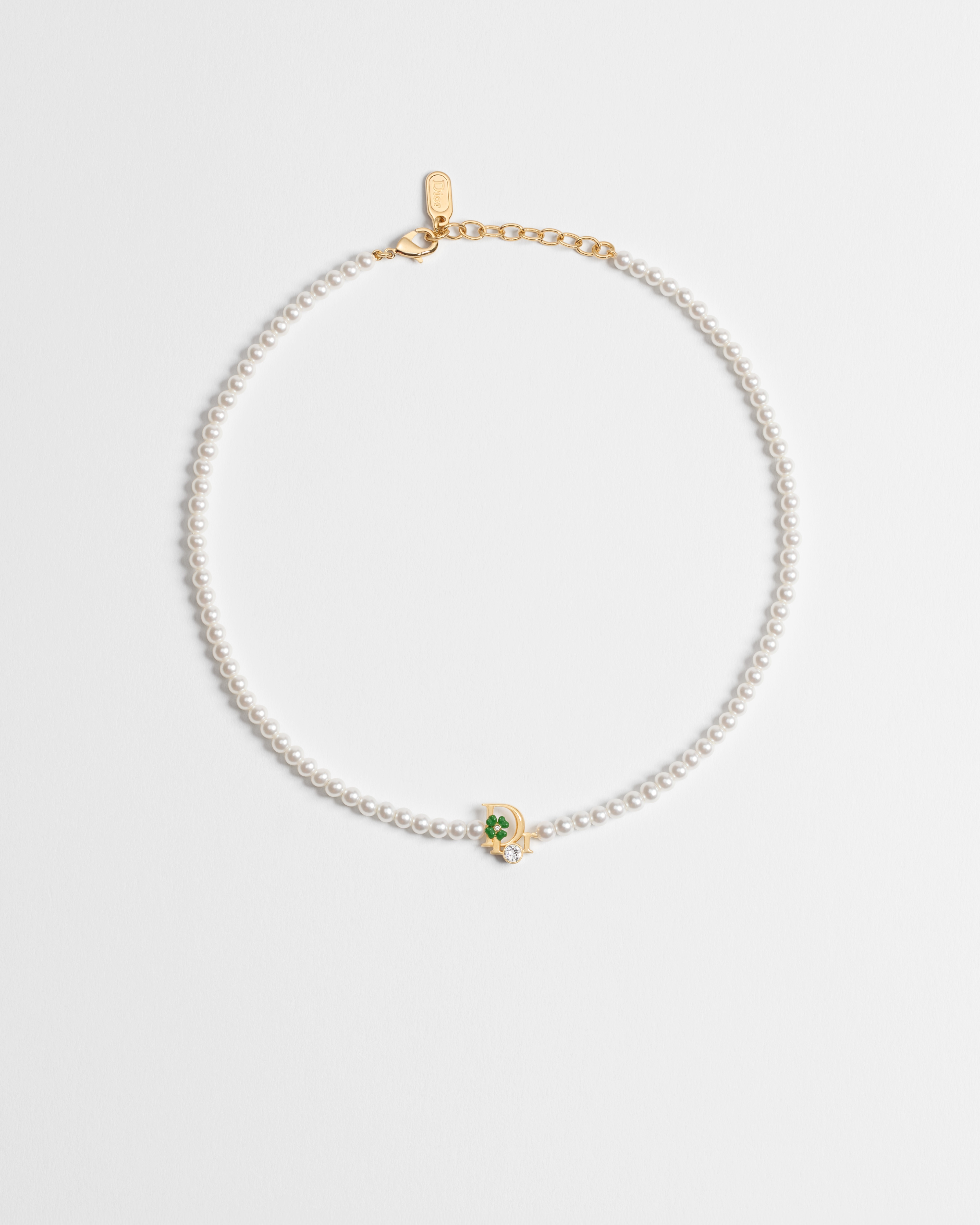 Collier Dior Precious Clover Métal finition dorée, perles en résine blanche, cristaux et laque Clover Lucky Green E01