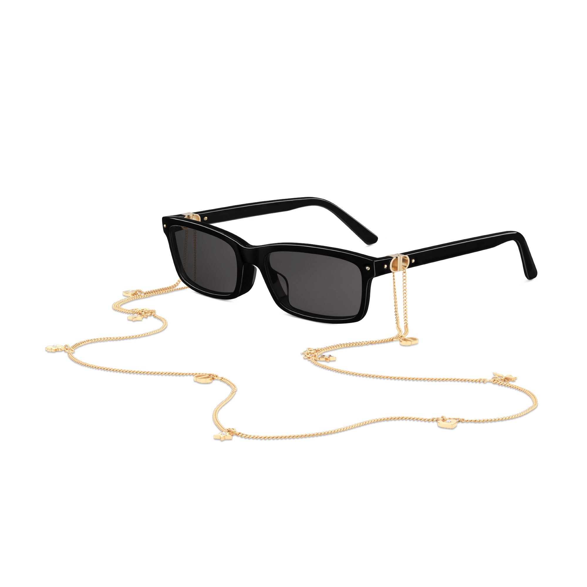 Petit CD S1I Zwarte rechthoekige zonnebril met Dior Lucky-ketting van goudkleurig metaal E03