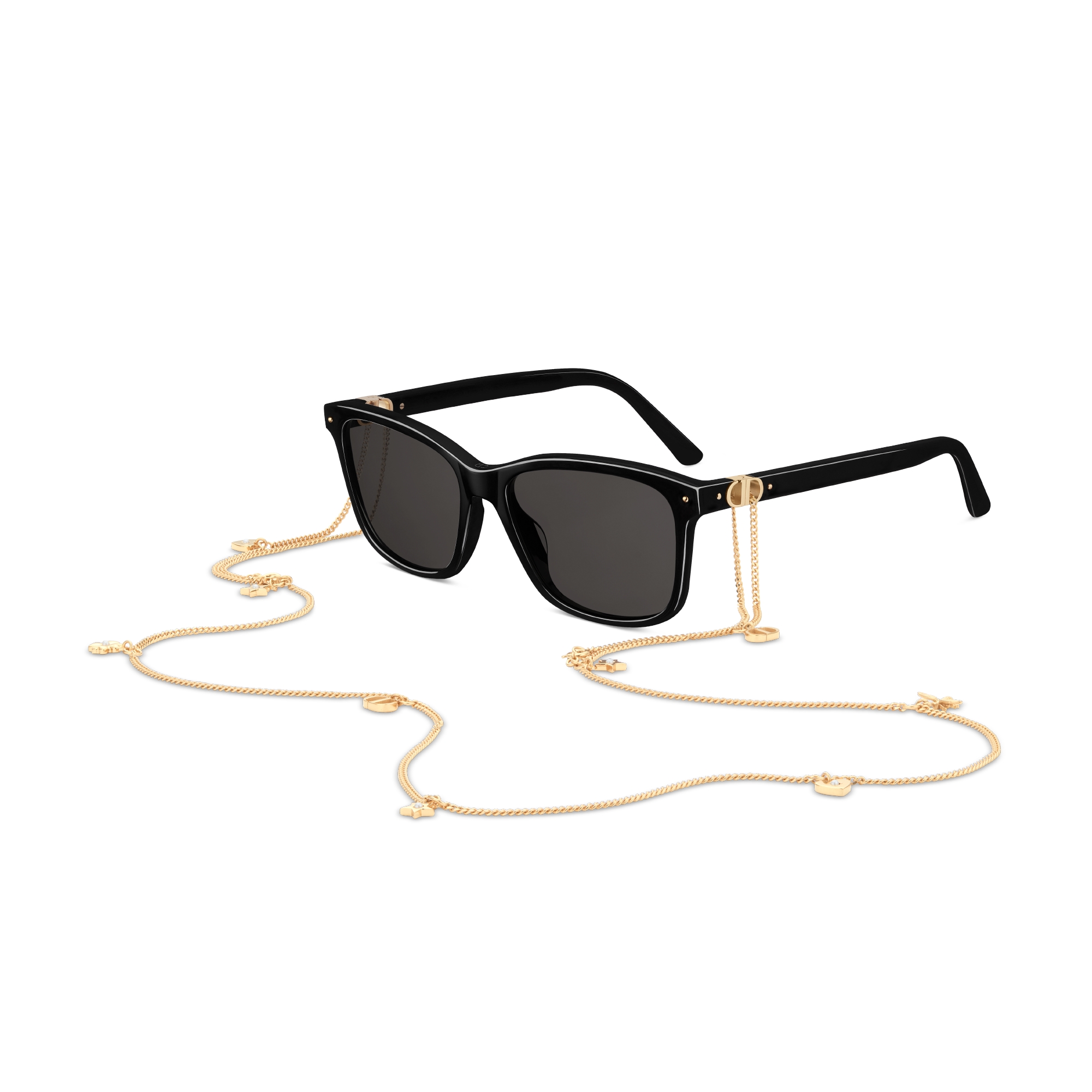 Petit CD S2I Zwarte vierkante zonnebril met Dior Lucky-ketting van goudkleurig metaal E03