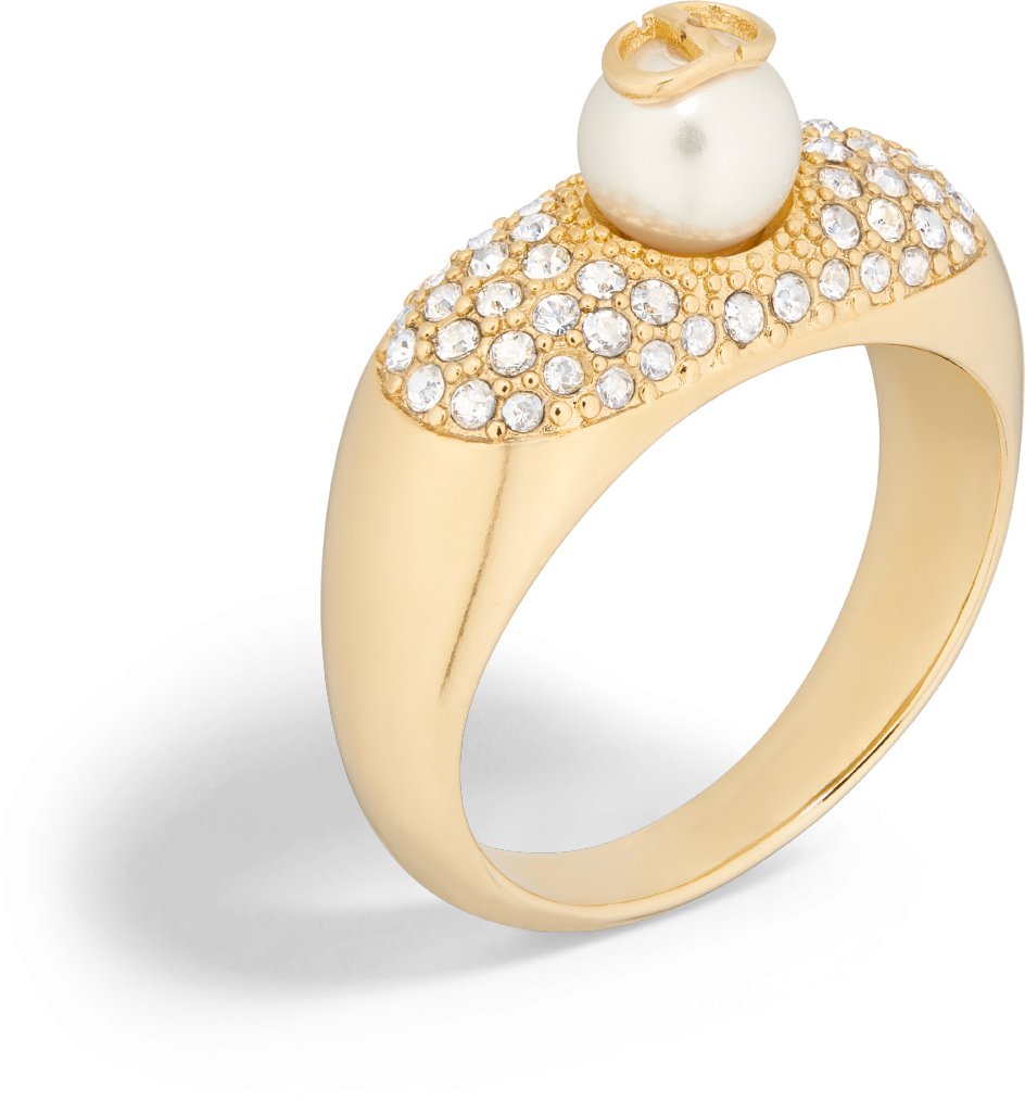 D Fusion Ring Gold Finish Metal with a White Resin Pearl and Silver Tone Crystals DIOR