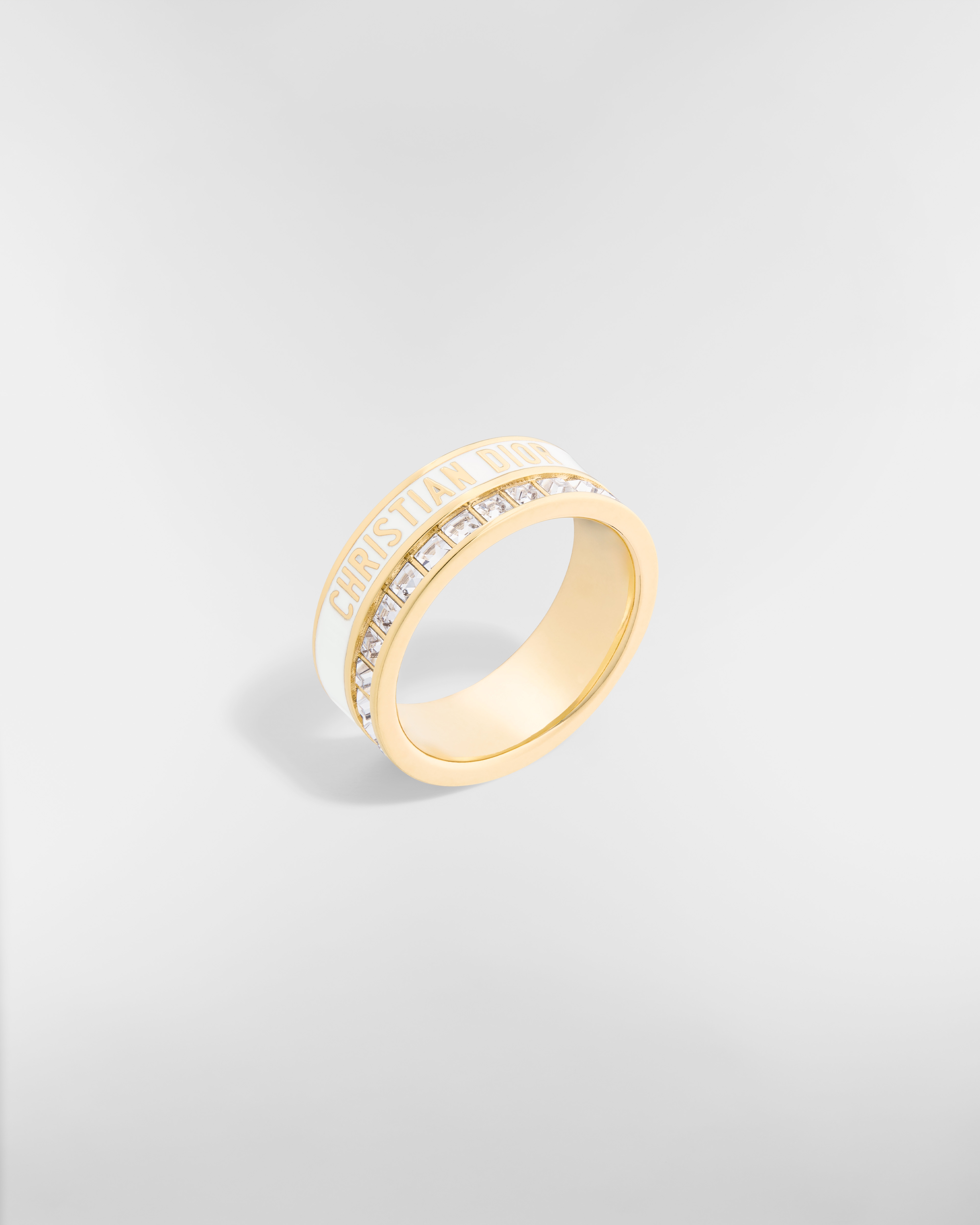 Anel Dior Night Code Metal com acabamento dourado, cristais brilhantes e laca branca E03