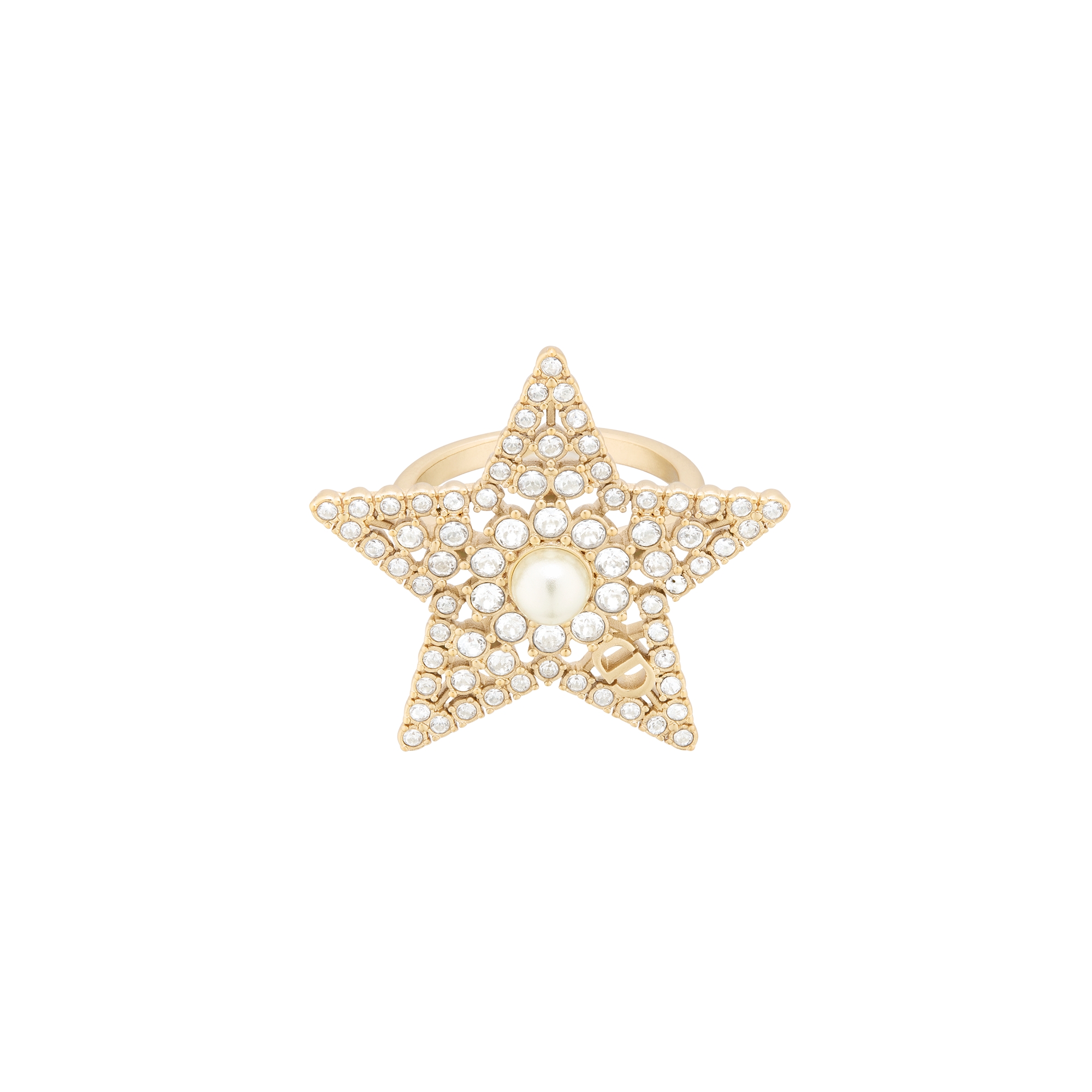 Nuit Étoilée Ring Pale Gold-Finish Metal, White Resin Pearl and Silver-Tone Crystals E01