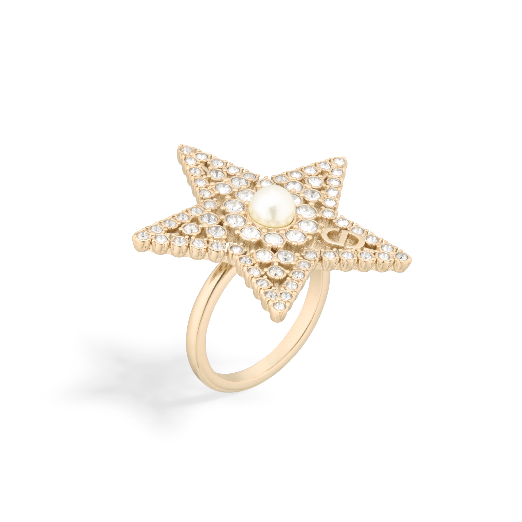 Anillo Nuit Étoilée Metal dorado pálido, abalorio de resina blanco y cristales plateados E03