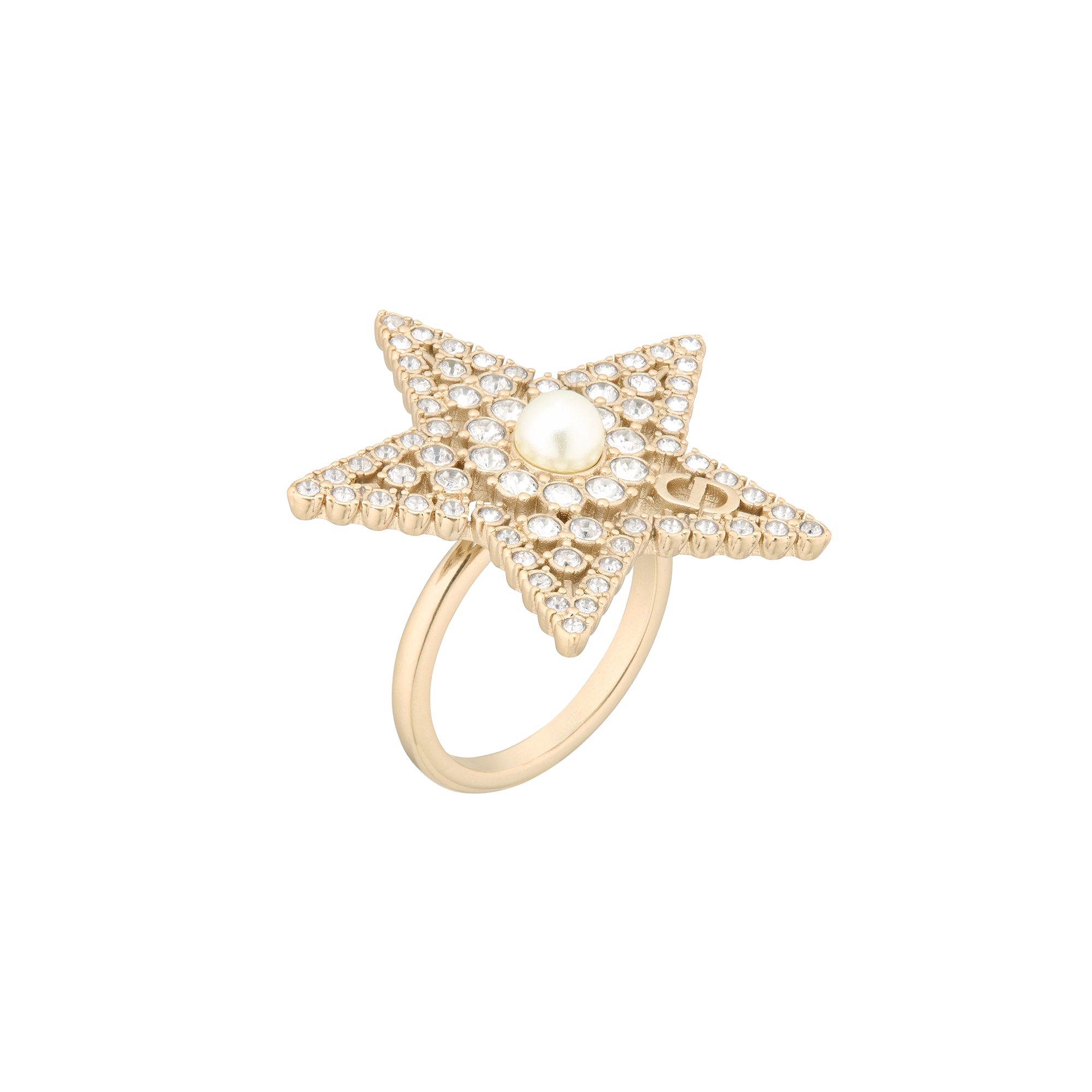Nuit Étoilée Ring Pale Gold-Finish Metal, White Resin Pearl and Silver-Tone Crystals E03