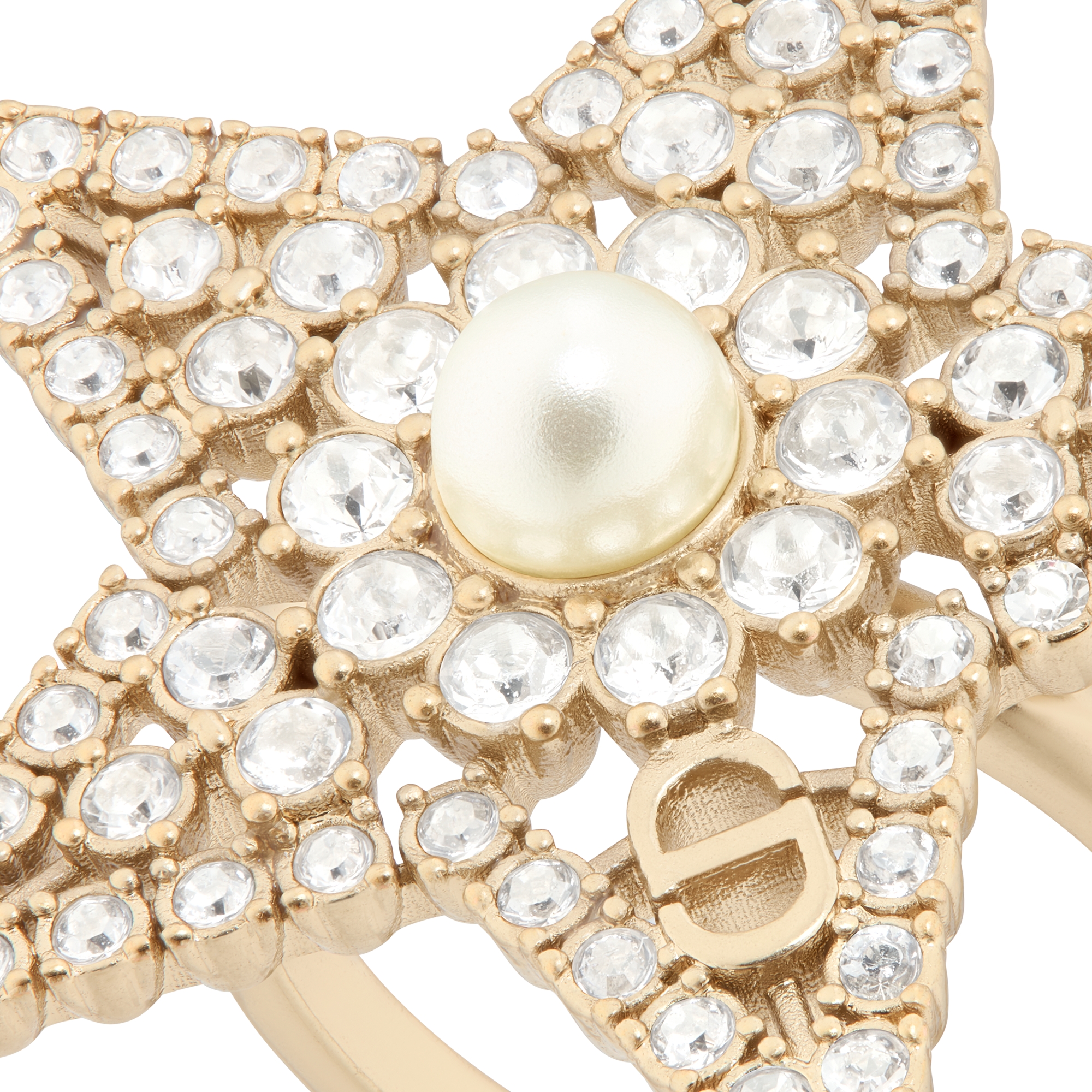 Nuit Étoilée Ring Pale Gold-Finish Metal, White Resin Pearl and Silver-Tone Crystals E09