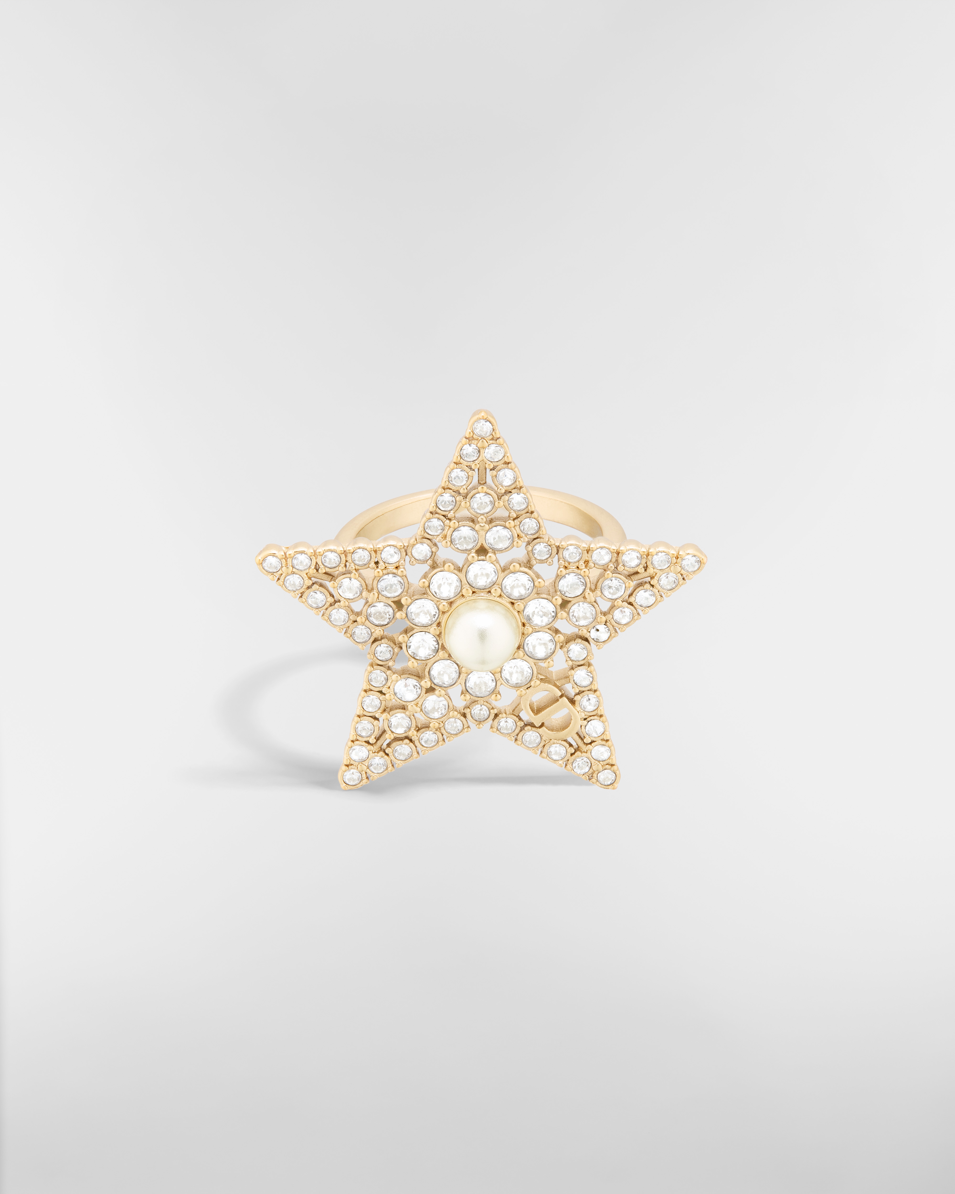 Nuit Étoilée-ring Metaal met vaalgoudkleurige afwerking, witte harsparel en zilverkleurige kristallen E01