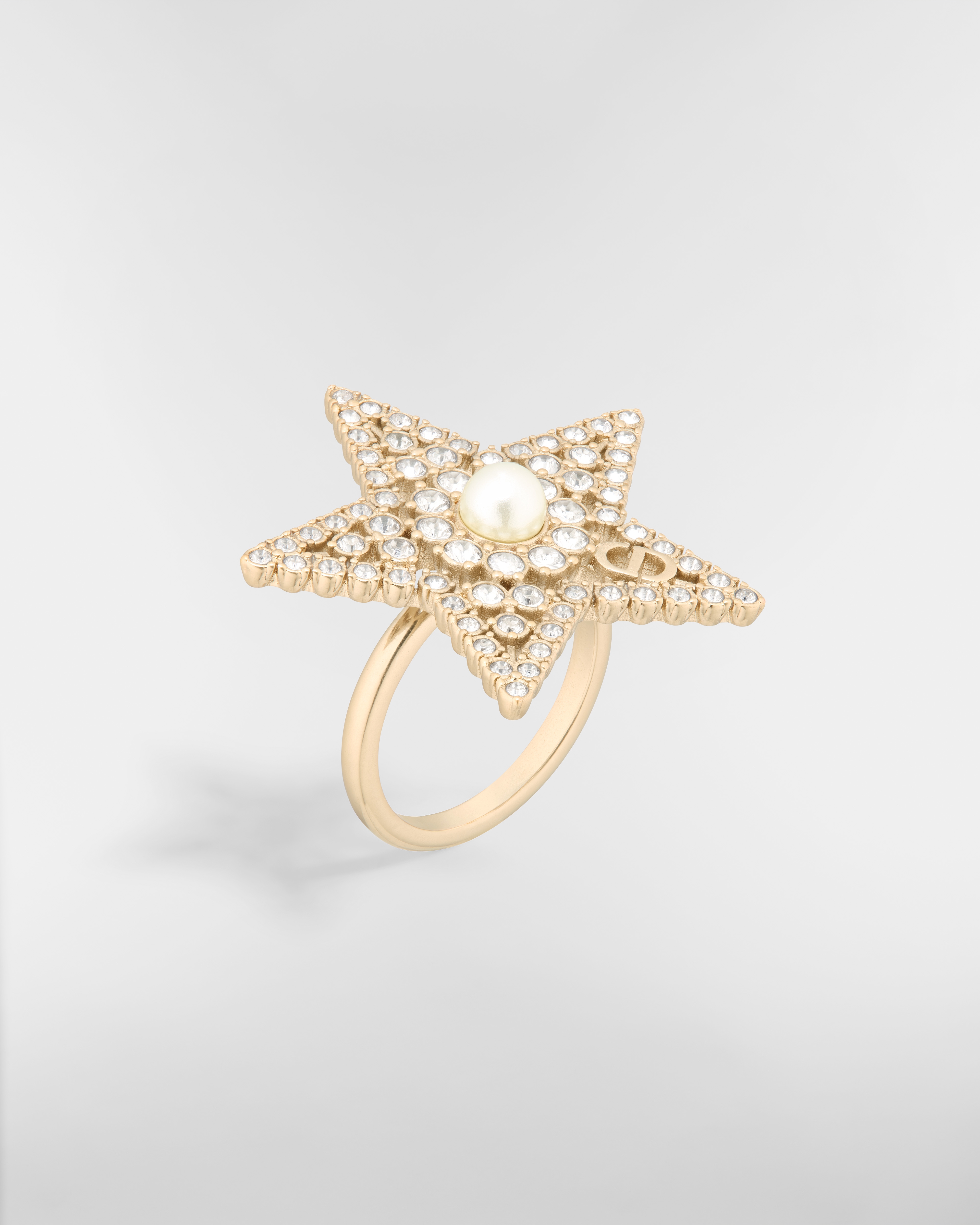 Nuit Étoilée-ring Metaal met vaalgoudkleurige afwerking, witte harsparel en zilverkleurige kristallen E03