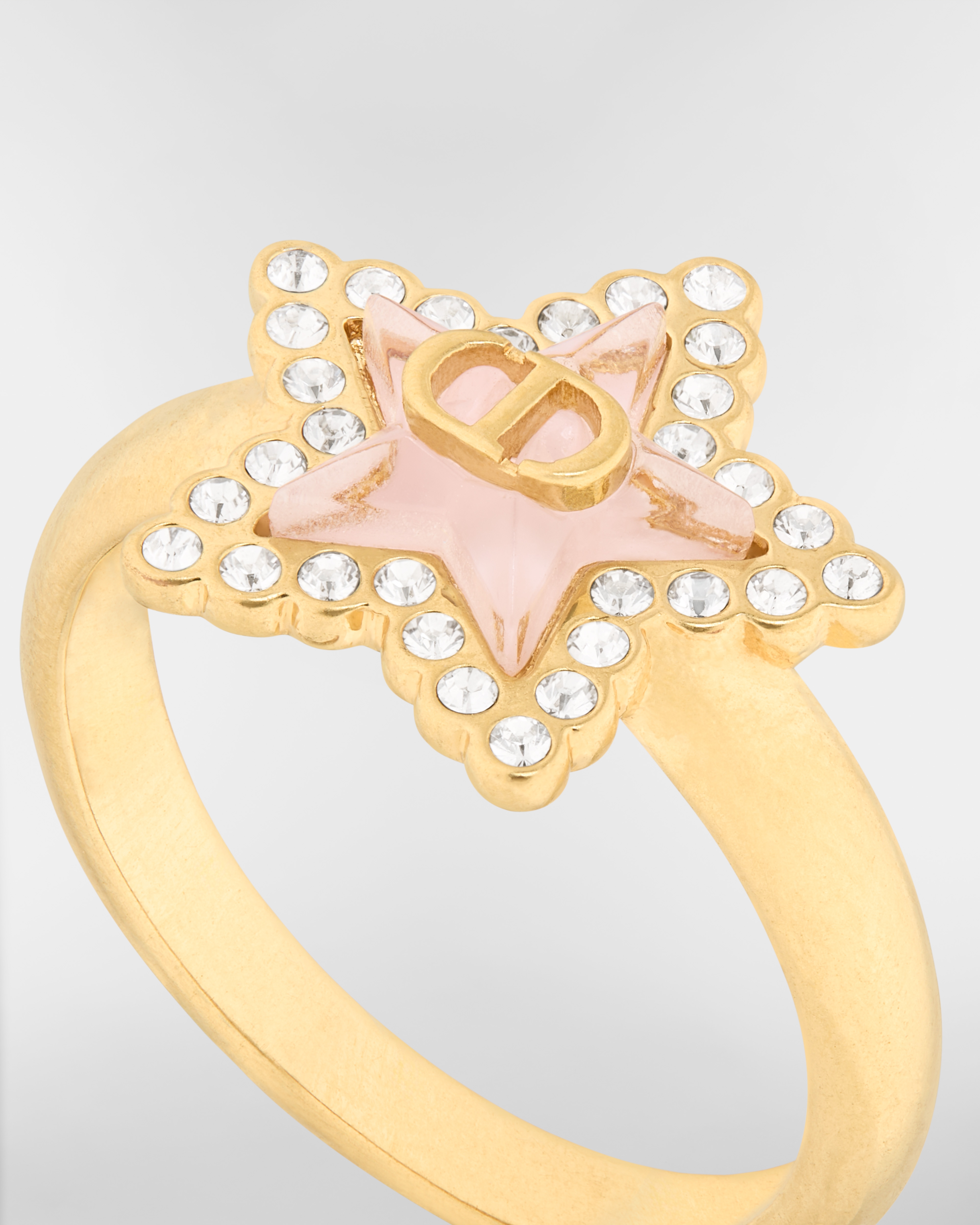 Petit CD Lucky Baroque Ring Gold-Finish Metal, Silver-Tone Crystals and Macaron Pink Glass E09