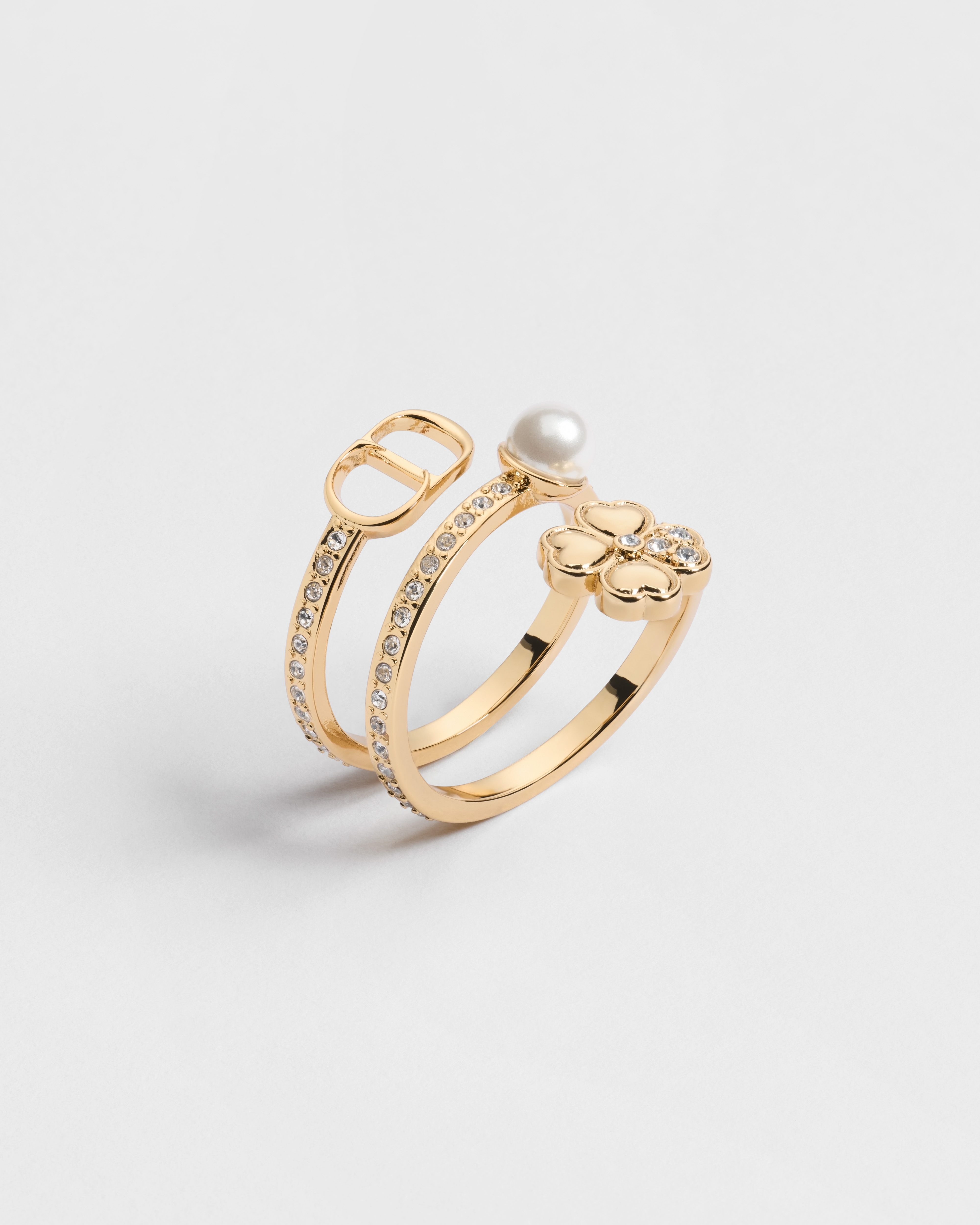 Bague CD Pearly Clover Métal finition dorée, perle en résine blanche et cristaux E03