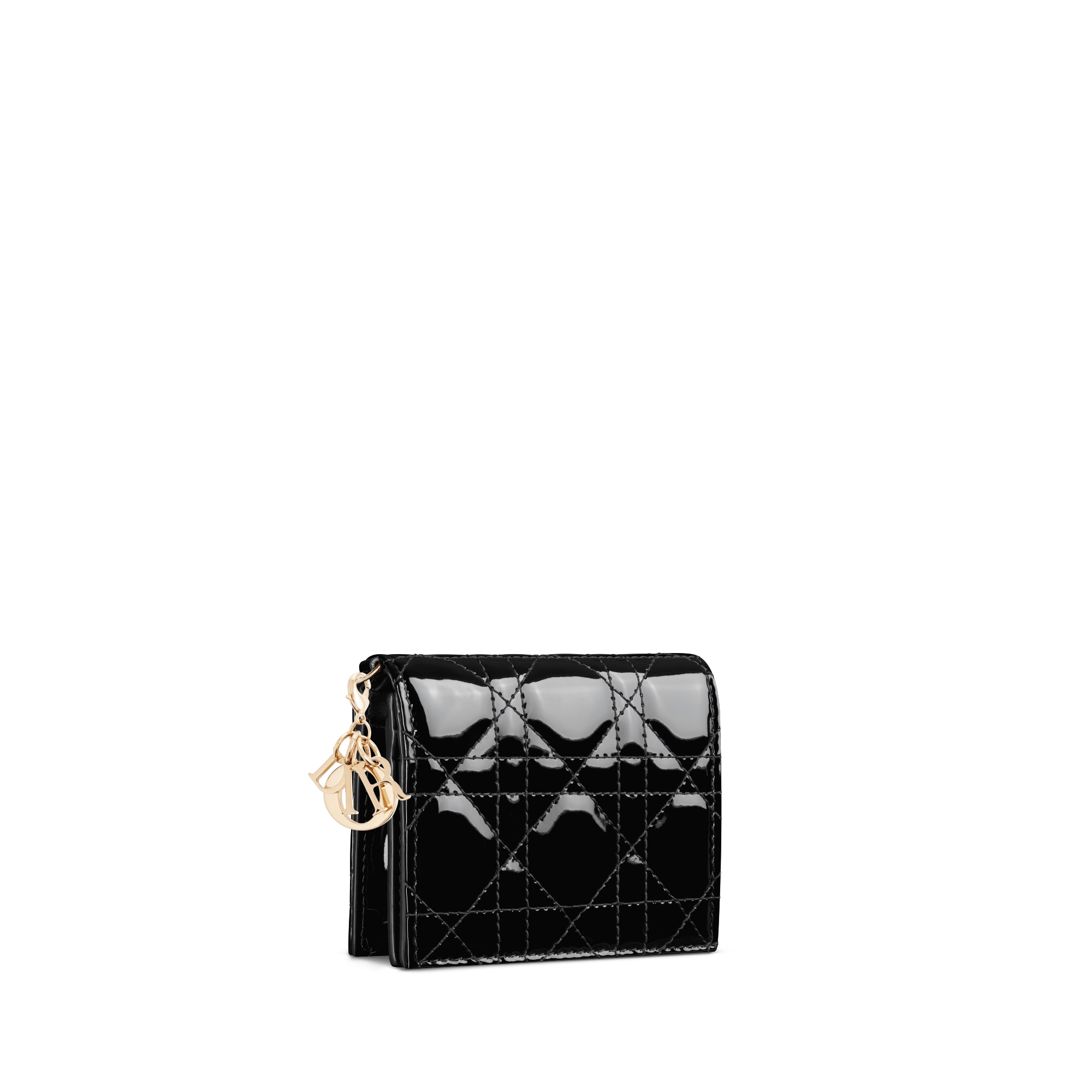 Mini Lady Dior Gardenia-portemonnee Zwart patent kalfsleer met Cannage-motief E03
