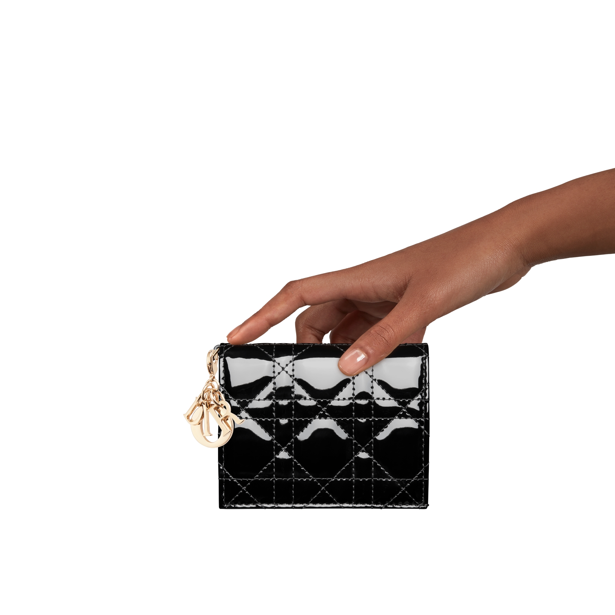 Mini Lady Dior Gardenia-portemonnee Zwart patent kalfsleer met Cannage-motief E11