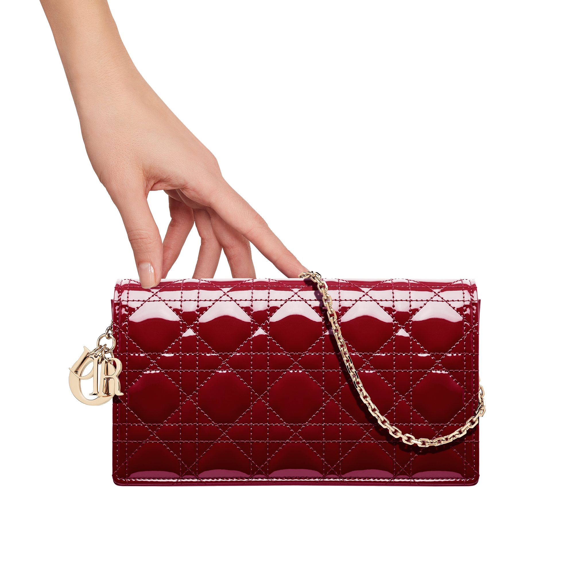 Lady Dior Pouch with Chain Cherry Red Patent Cannage Calfskin E11