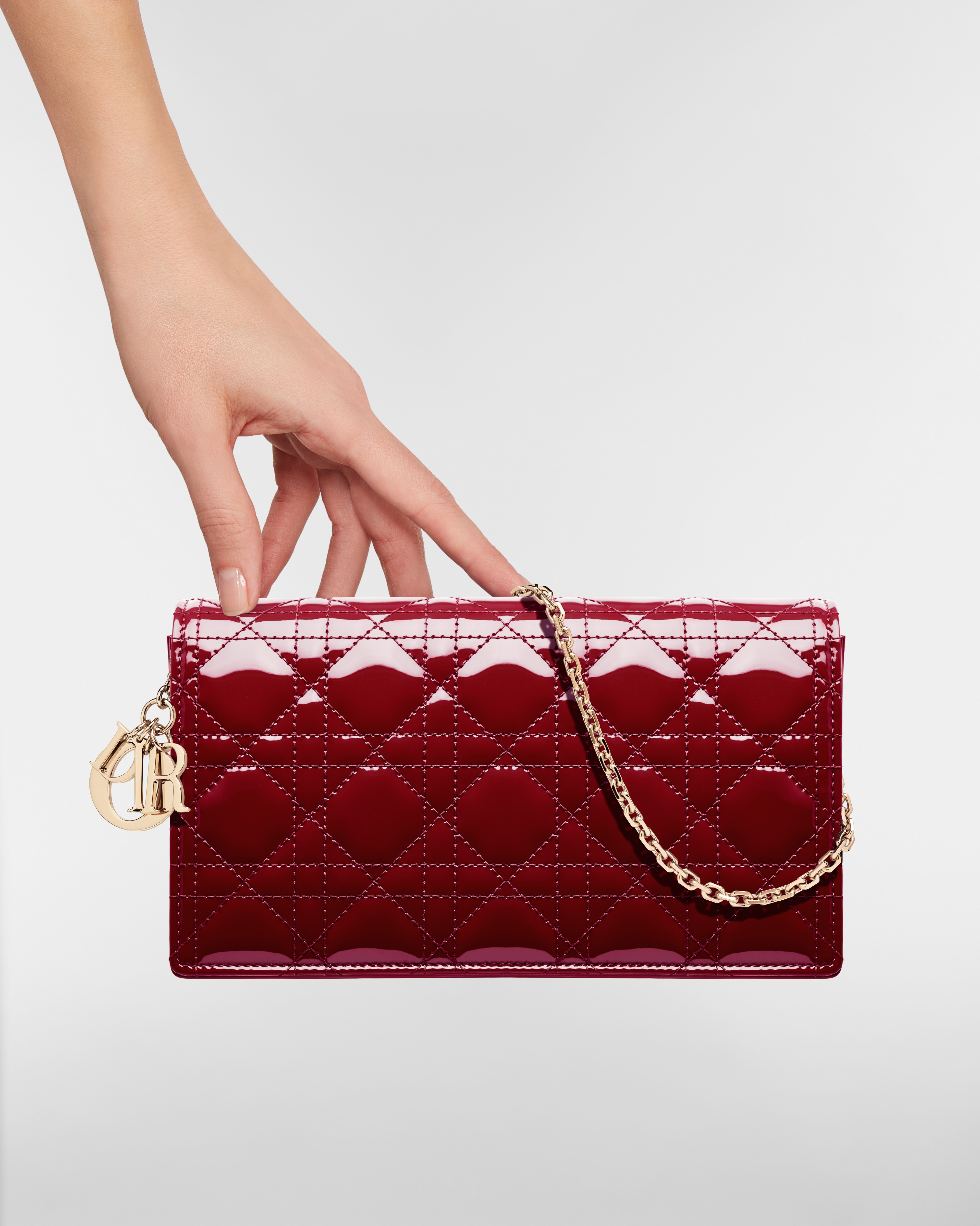 Lady Dior Pouch with Chain Cherry Red Patent Cannage Calfskin E11