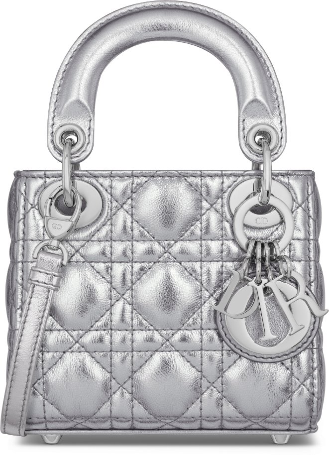 Dior Or Lady Dior Micro Bag Metallic Silver Tone Crinkled Cannage Calfskin DIOR