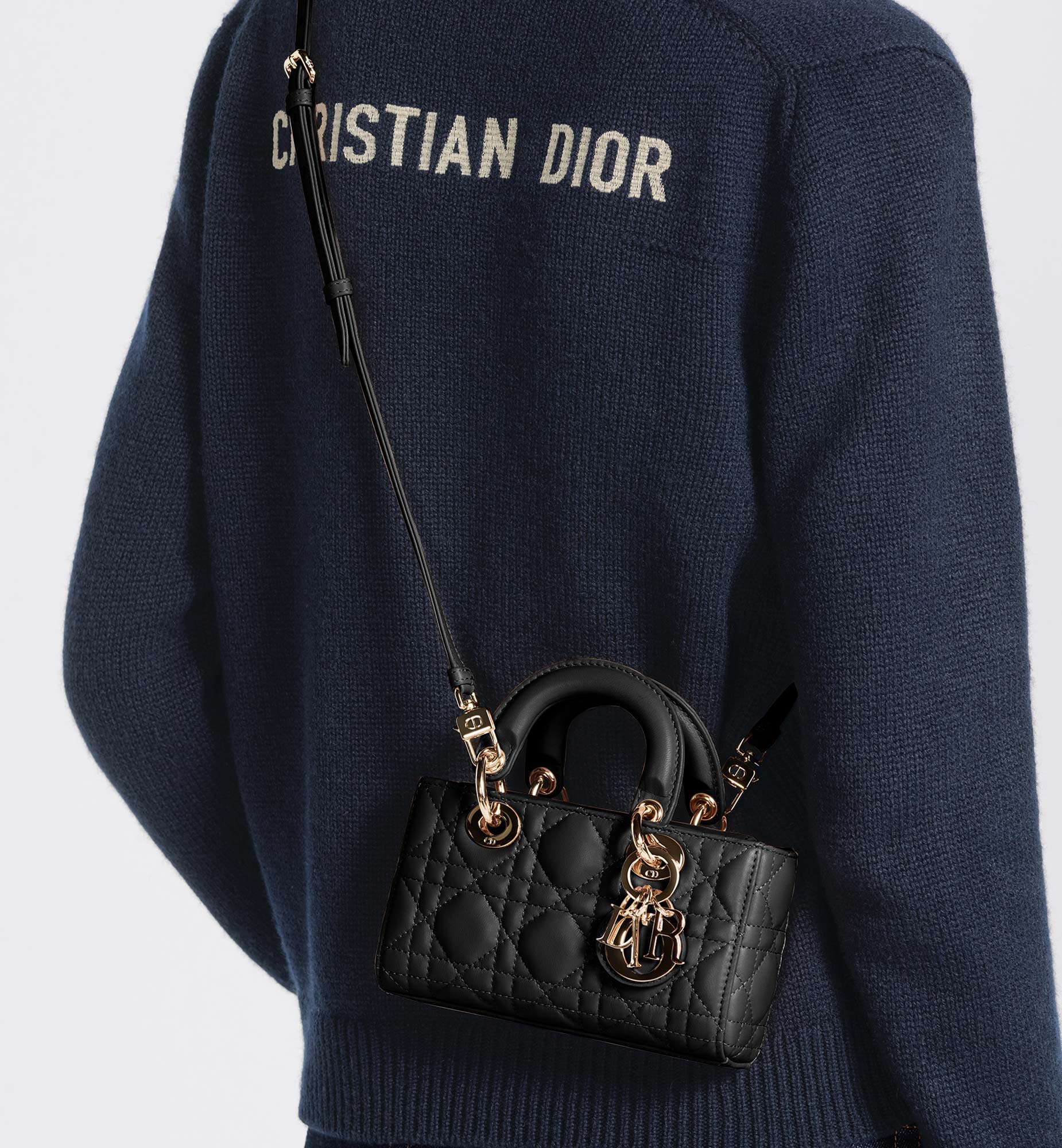 Dior Or Lady D-Joy Micro Bag Black Microbead-Embroidered Cotton with Cannage Motif E12
