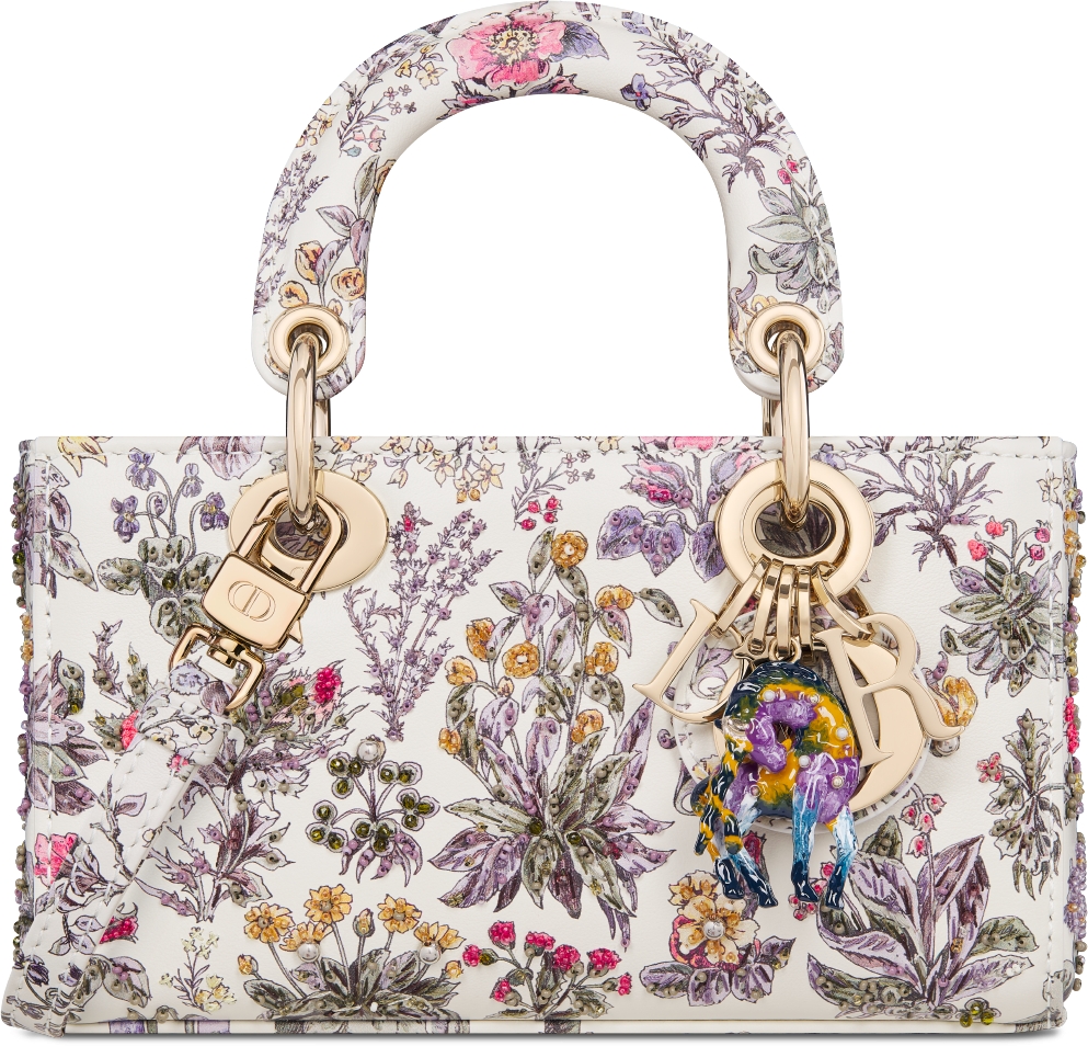 Lady D-Joy Micro Bag — Latte Calfskin with Microbead Embroidery and Multicolor Millefiori Unicorn Motif — S0910OIMU_M941