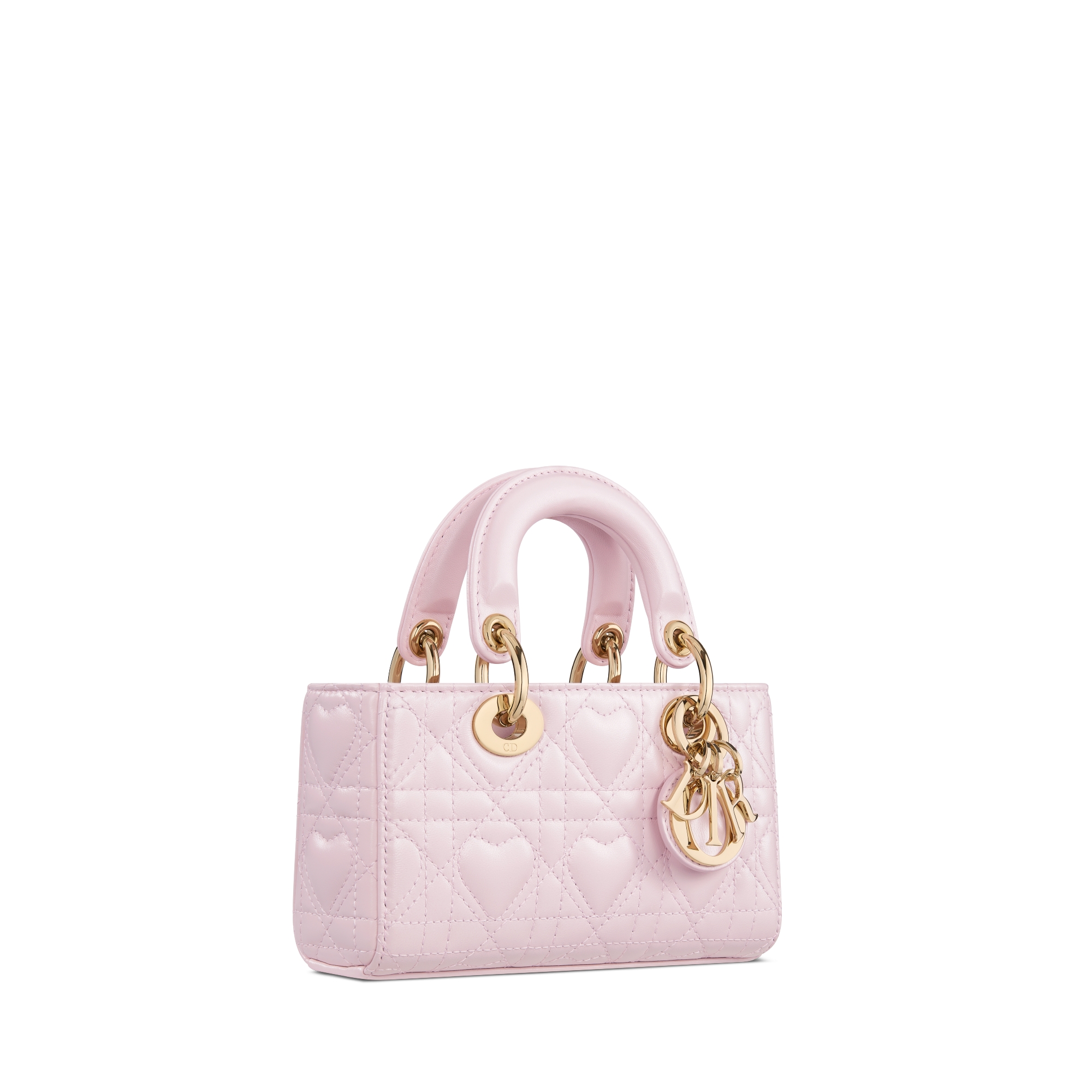 Microbolso Dioramour Lady D-Joy Piel de cordero Cannage rosa palo con motivo de corazones E03