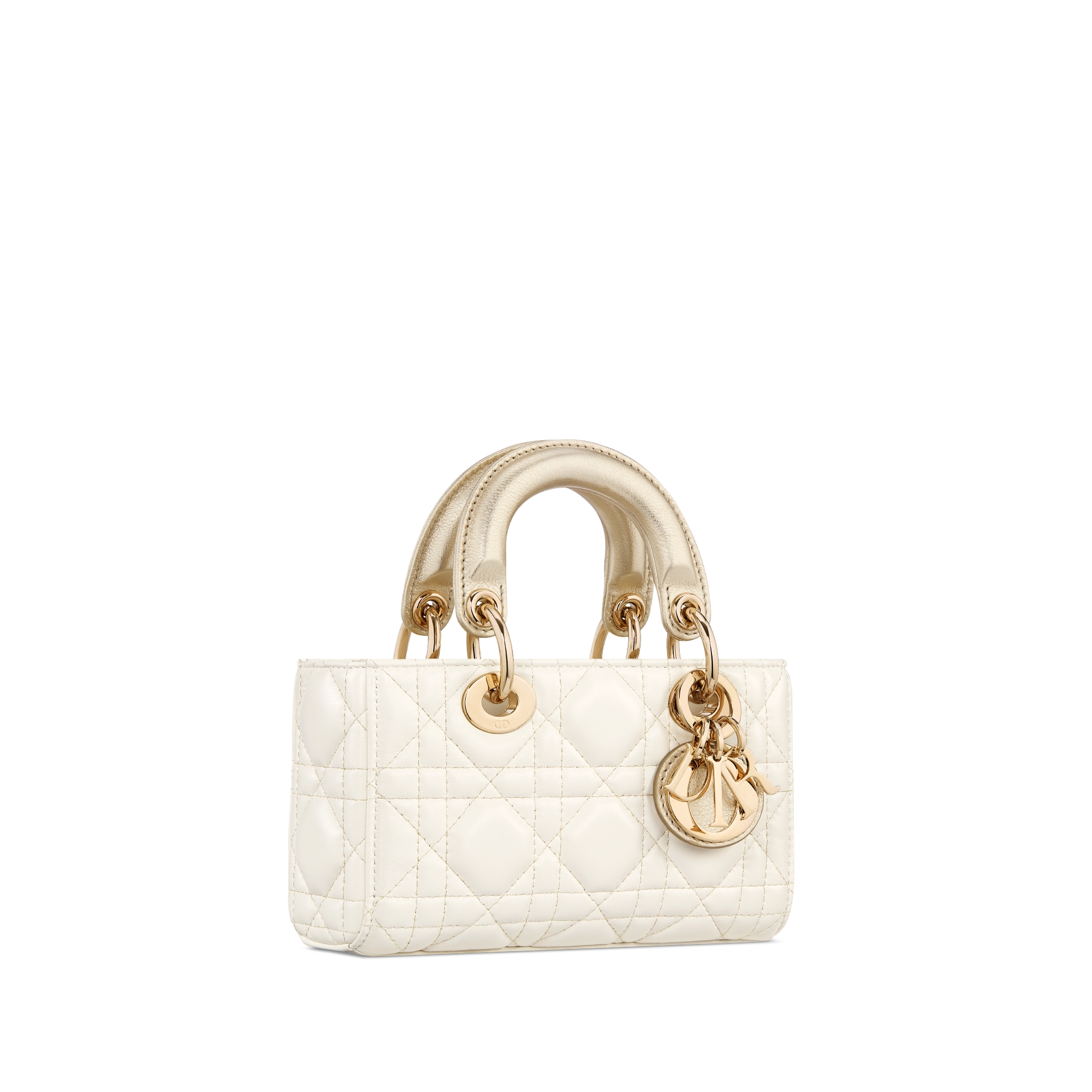 Lady D-Joy 마이크로 백 투 톤 골드 & 화이트 까나쥬 양가죽, 메탈릭 스레드 E03