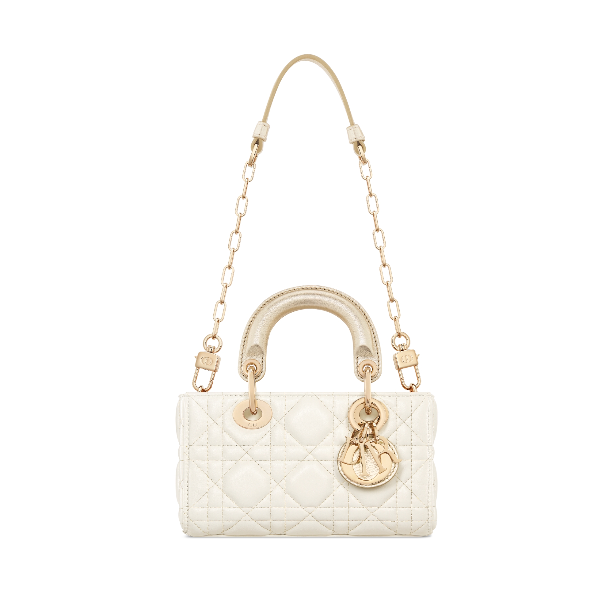 Lady D-Joy Micro Bag Two-Tone Gold and White Cannage Lambskin with Metallic Thread E10