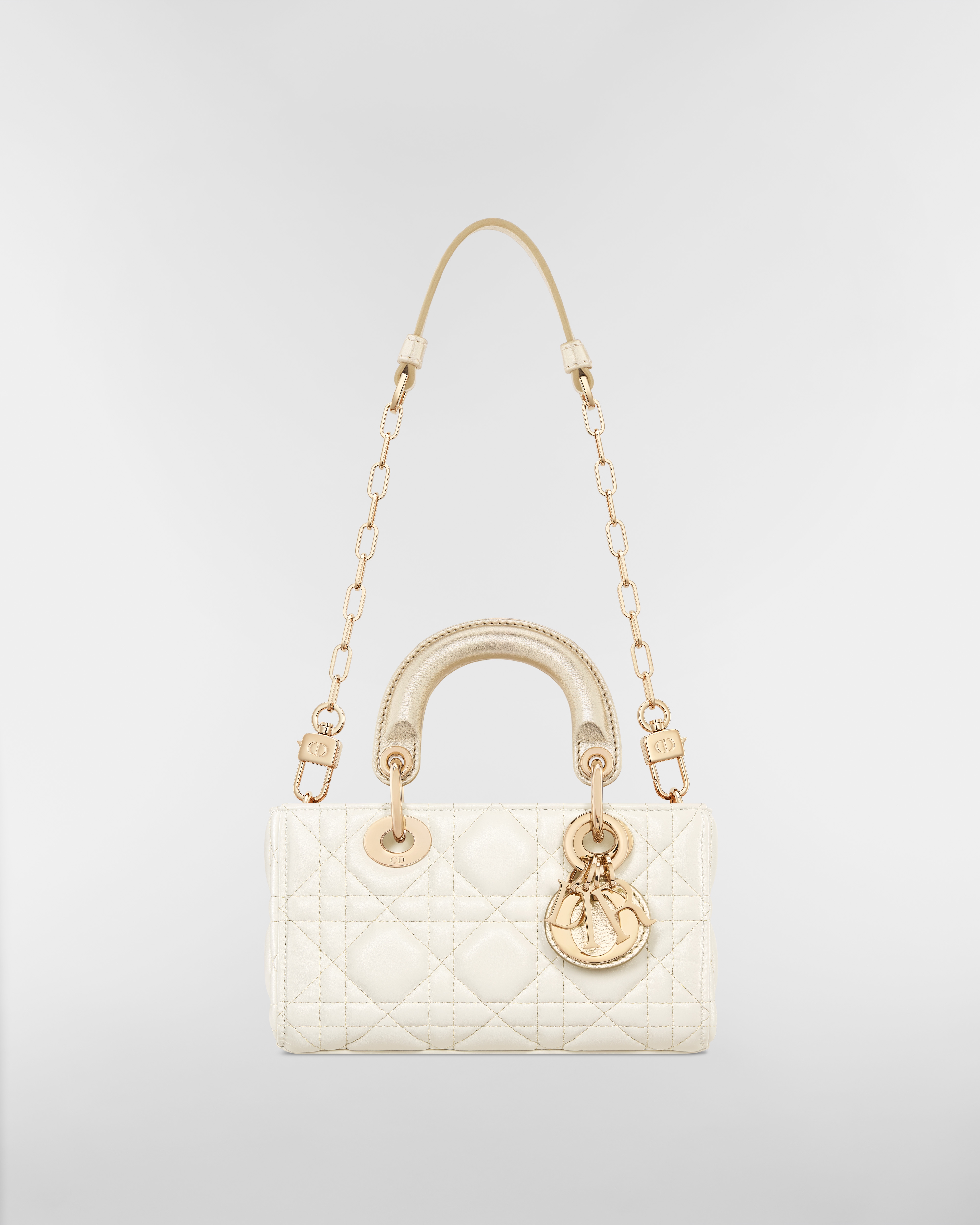Lady D-Joy Micro Bag Two-Tone Gold and White Cannage Lambskin with Metallic Thread E10