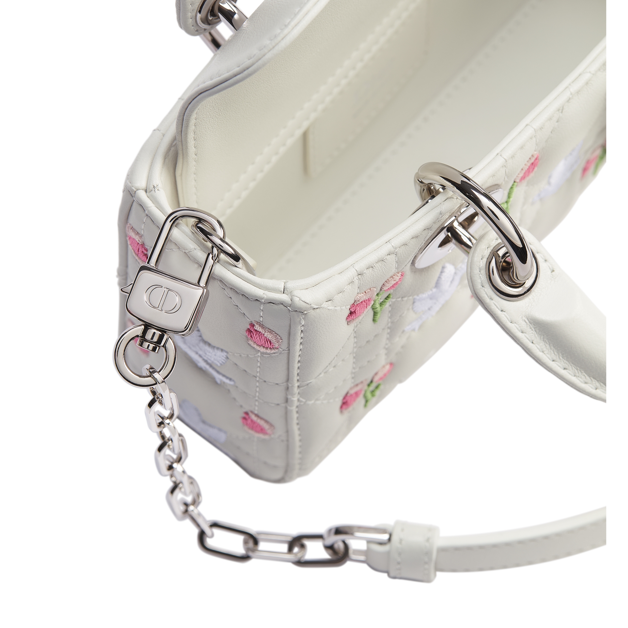 Dioramour Lady D-Joy Micro Bag White Cannage Lambskin Embroidered with Multicolor Doves & Roses Motif E06
