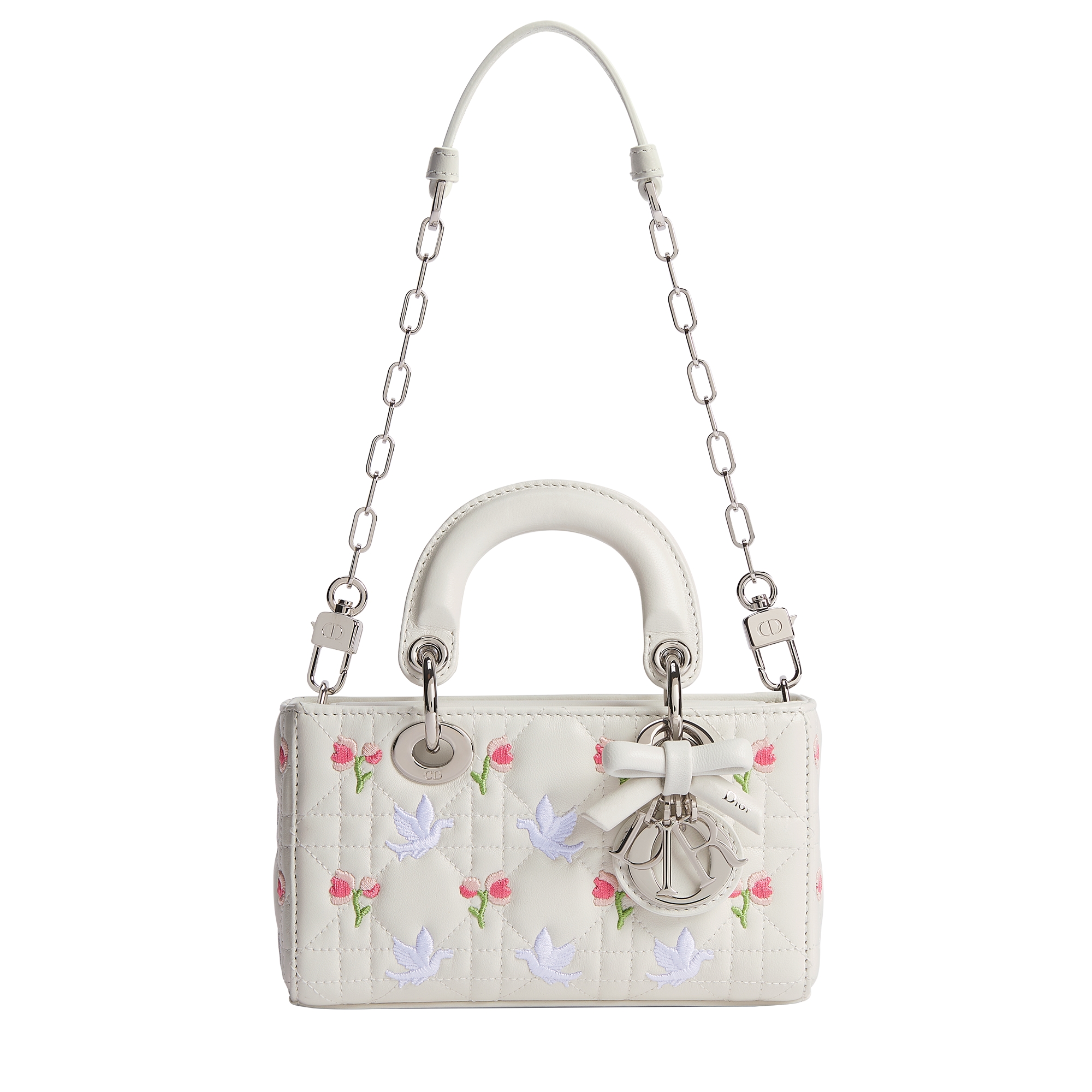 Dioramour Lady D-Joy Micro Bag White Cannage Lambskin Embroidered with Multicolor Doves & Roses Motif E07