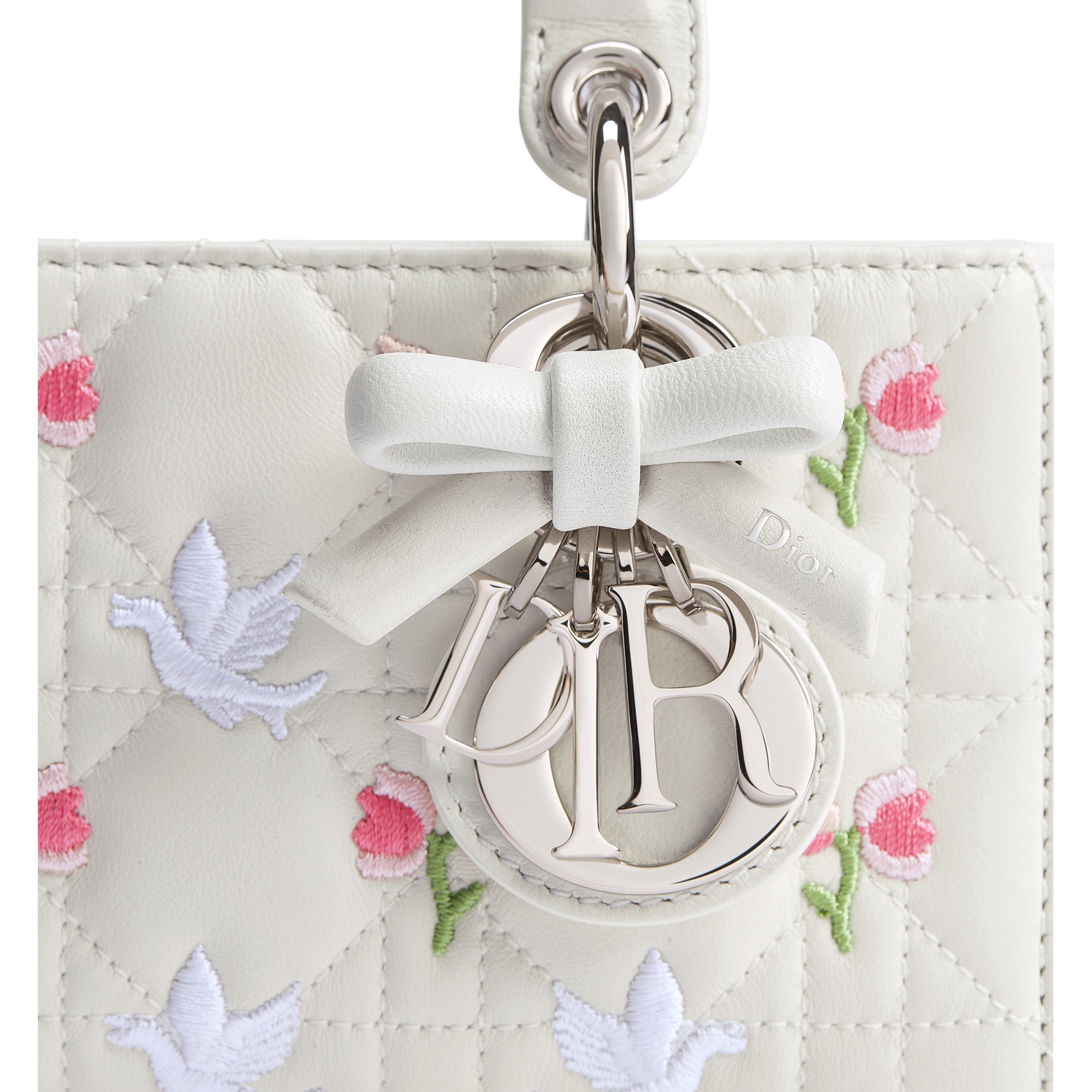 Dioramour Lady D-Joy Micro Bag White Cannage Lambskin Embroidered with Multicolor Doves & Roses Motif E09