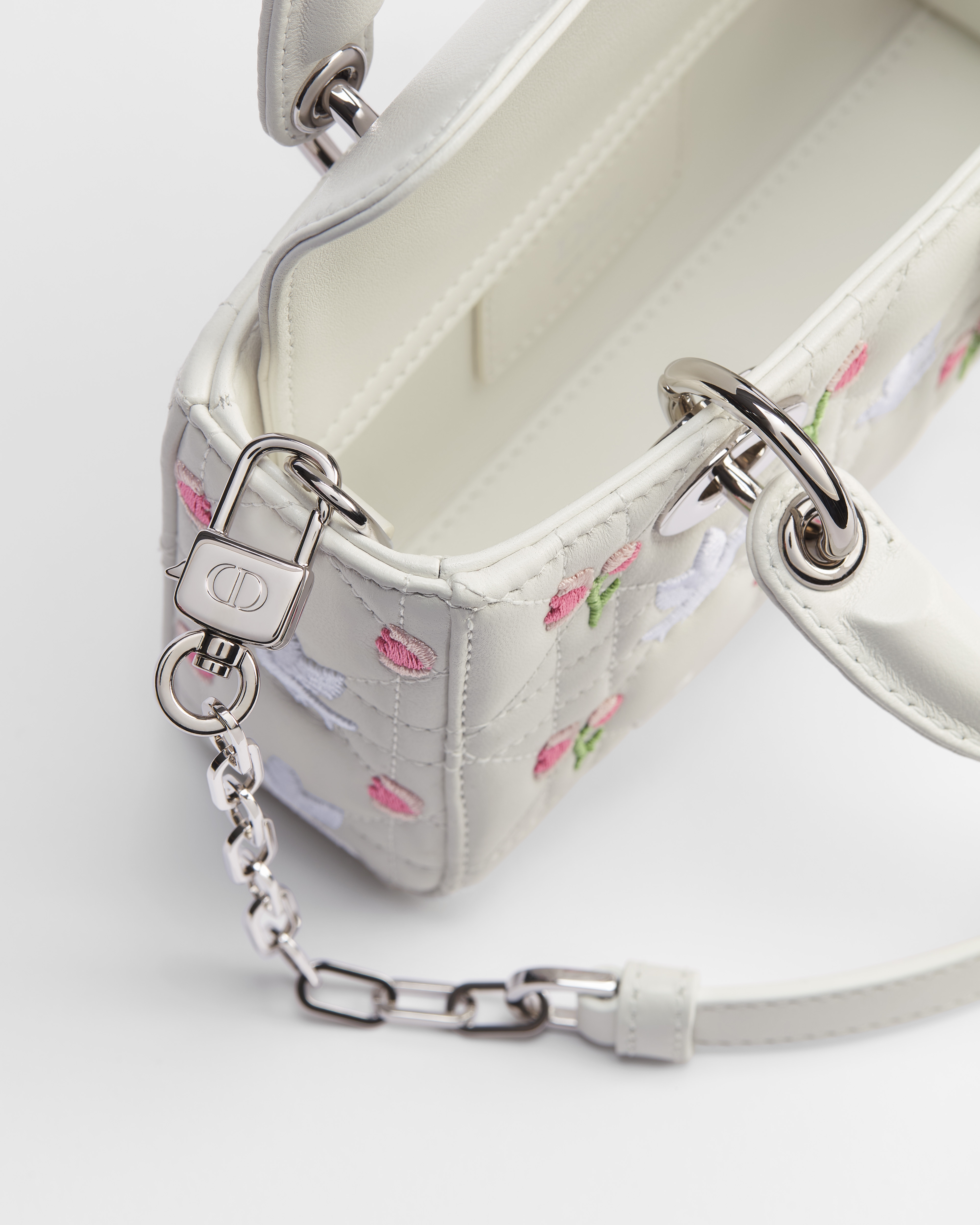 Dioramour Lady D-Joy Micro Bag White Cannage Lambskin Embroidered with Multicolor Doves & Roses Motif E06