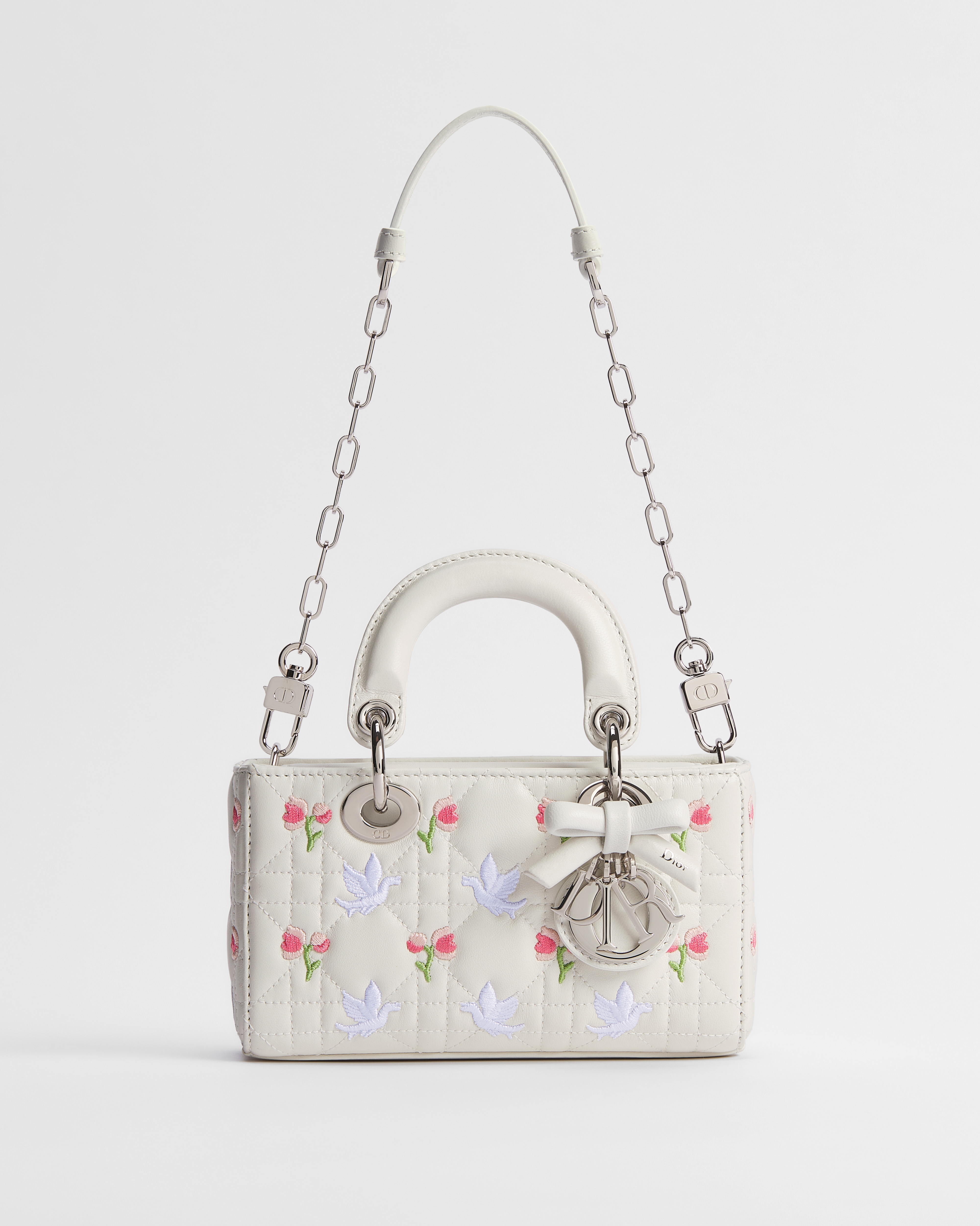 Dioramour Lady D-Joy Micro Bag White Cannage Lambskin Embroidered with Multicolor Doves & Roses Motif E07