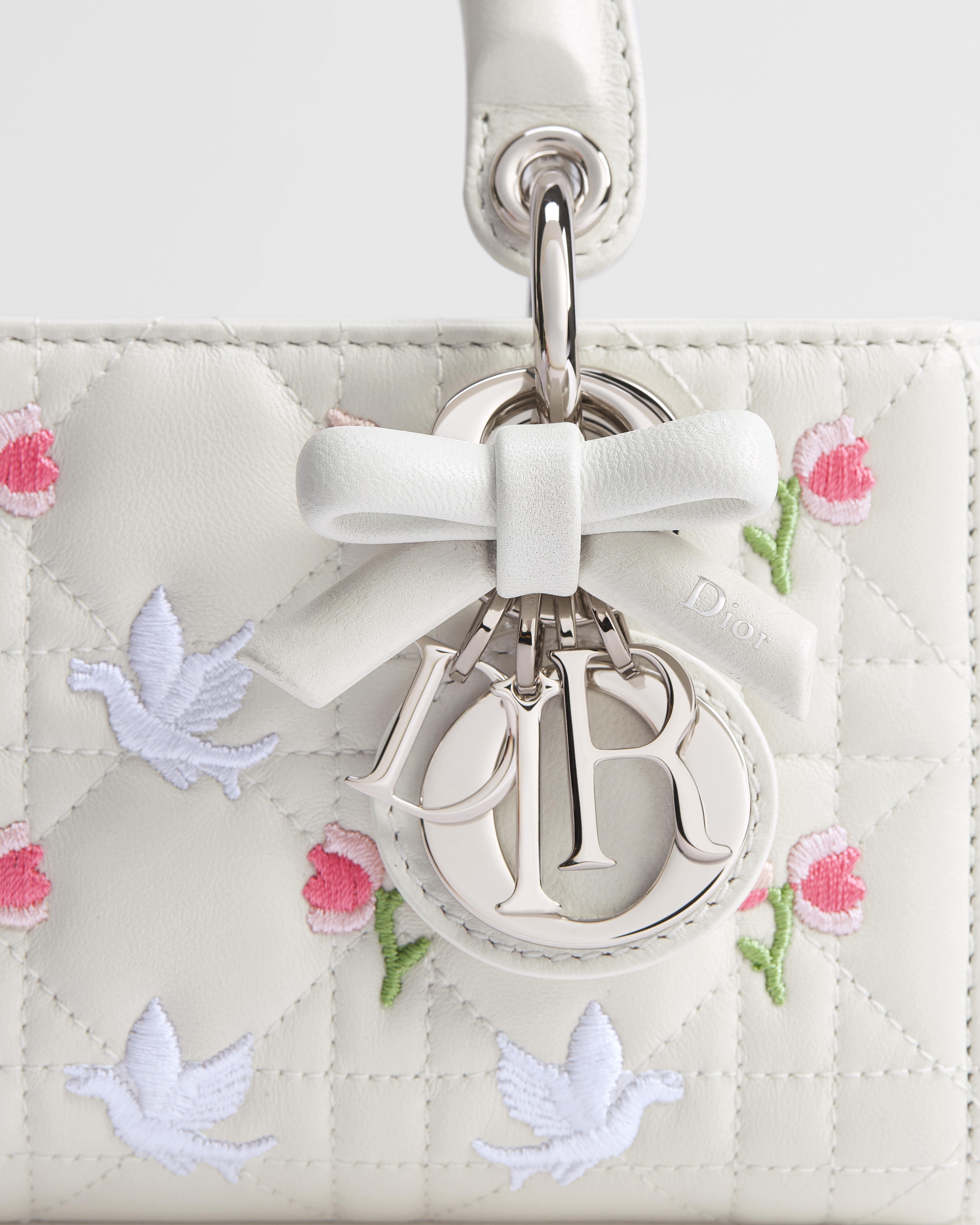 Dioramour Lady D-Joy Micro Bag White Cannage Lambskin Embroidered with Multicolor Doves & Roses Motif E09