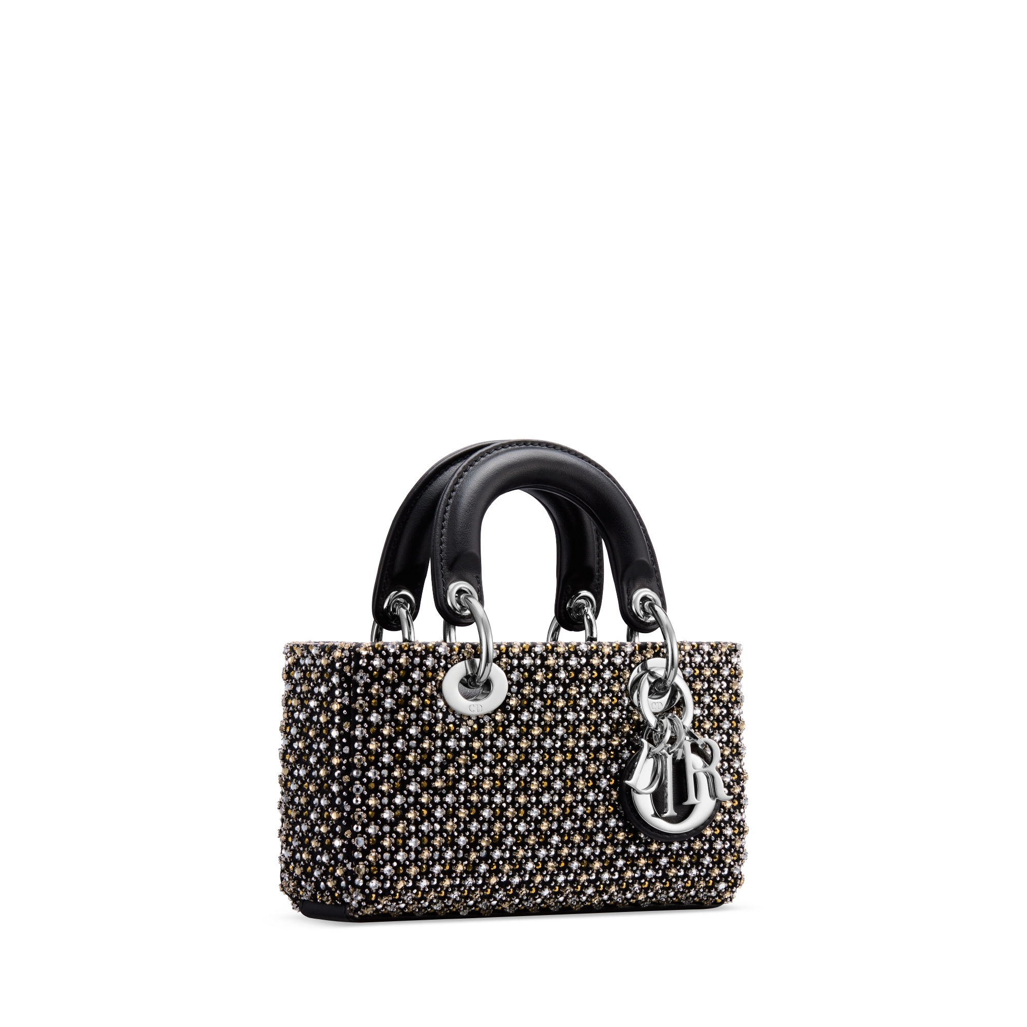 Lady D-Joy Micro Bag Calfskin Covered in Black Satin Embroidered with Gold-Tone and Silver-Tone Crystals E03
